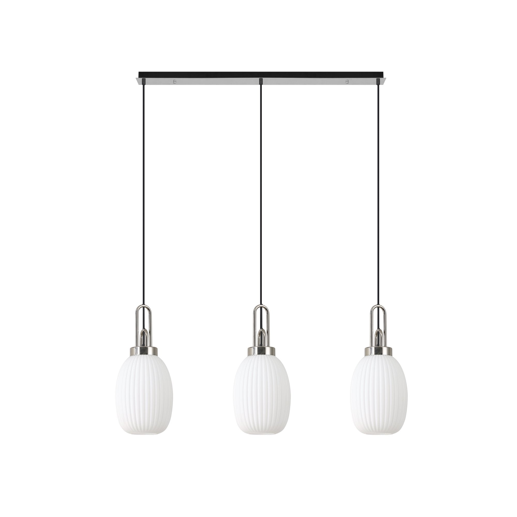 Fabula Springfield 3 Light Linear Pendant - 20cm Almond Ribbed Glass Shades - Polished Nickel & Opal Glass