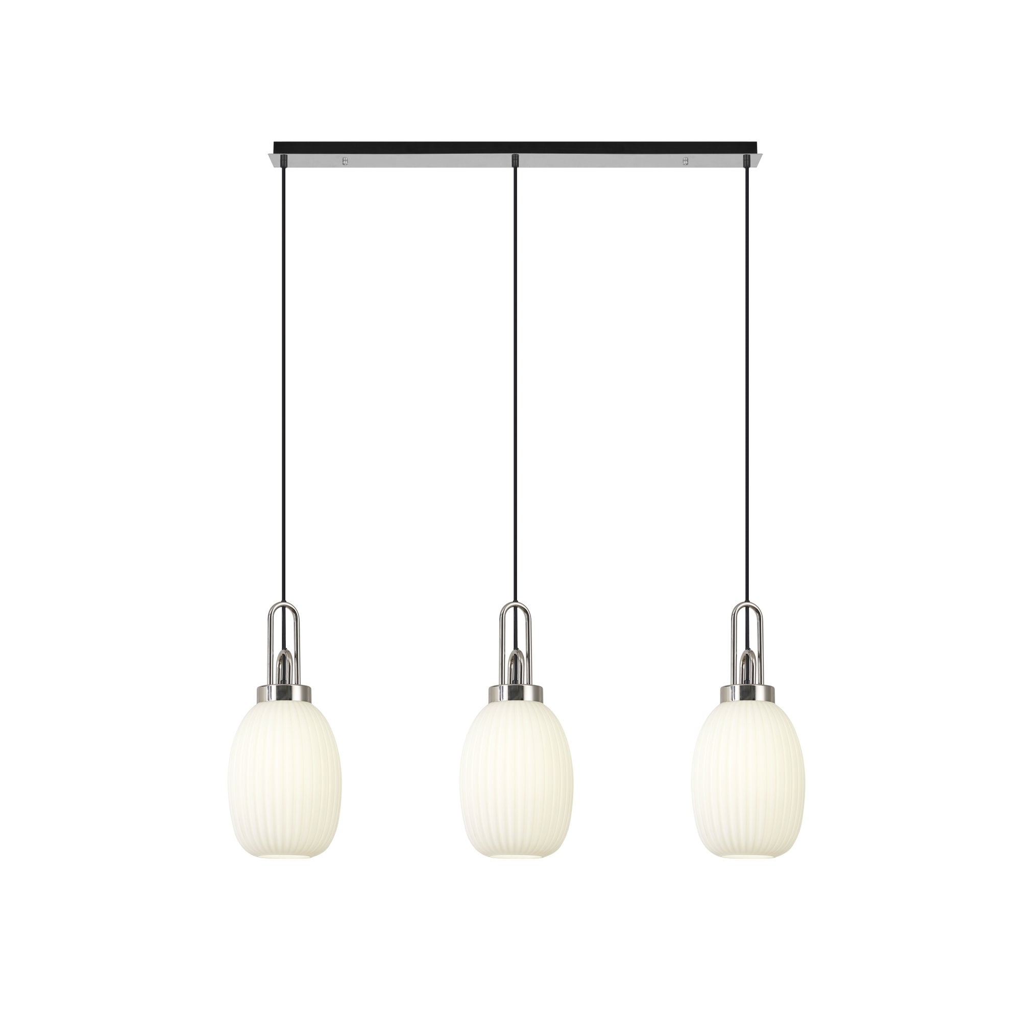 Fabula Springfield 3 Light Linear Pendant - 20cm Almond Ribbed Glass Shades - Polished Nickel & Opal Glass