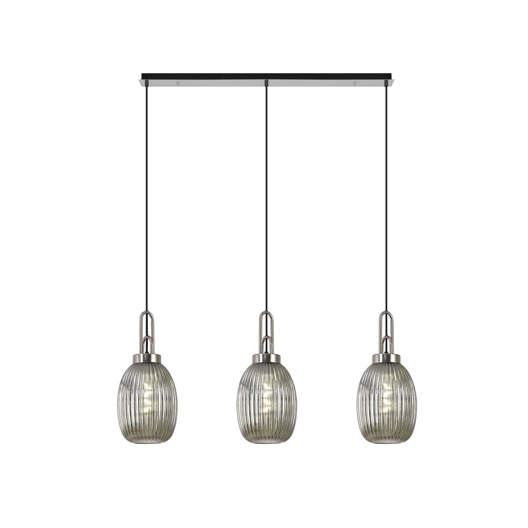 Fabula Springfield 3 Light Linear Pendant - 20cm Almond Ribbed Glass Shades - Polished Nickel & Smoked Glass
