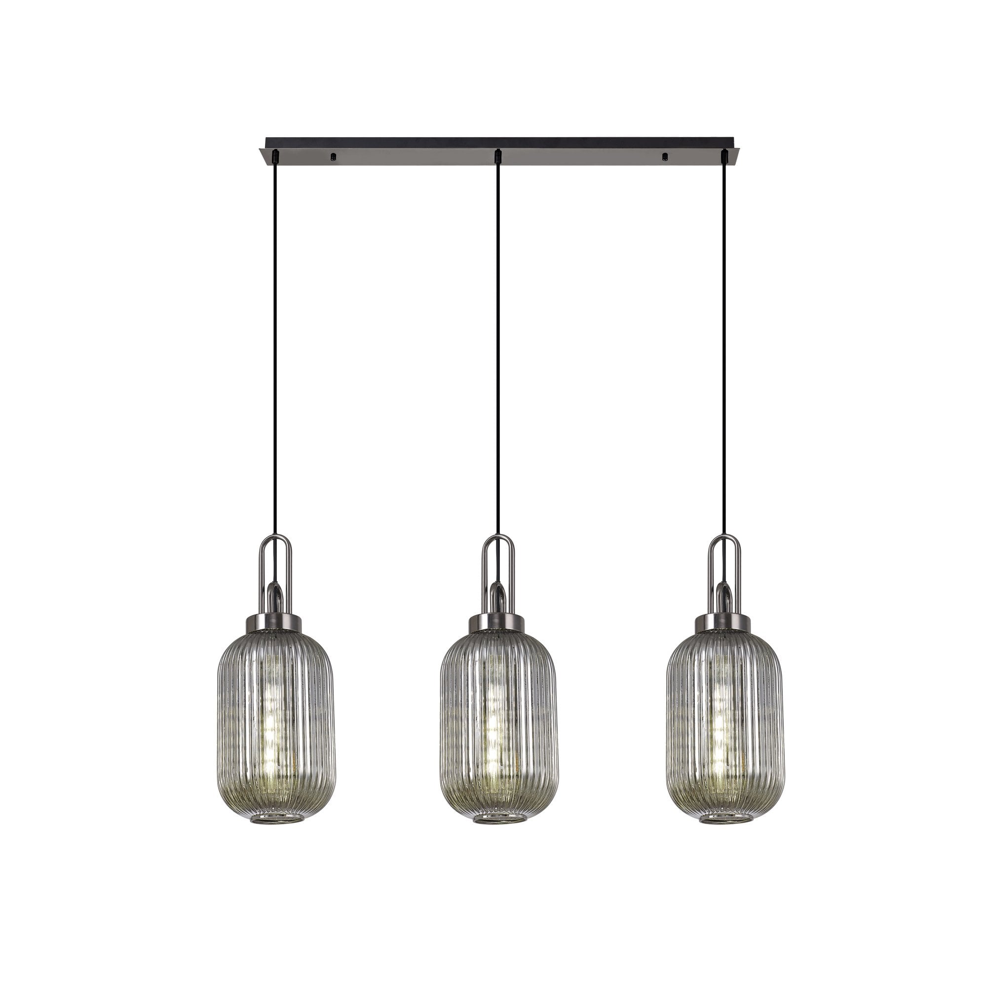 Fabula Springfield 3 Light Linear Pendant - 20cm Tubular Ribbed Glass Shades - Black Chrome & Smoked Glass