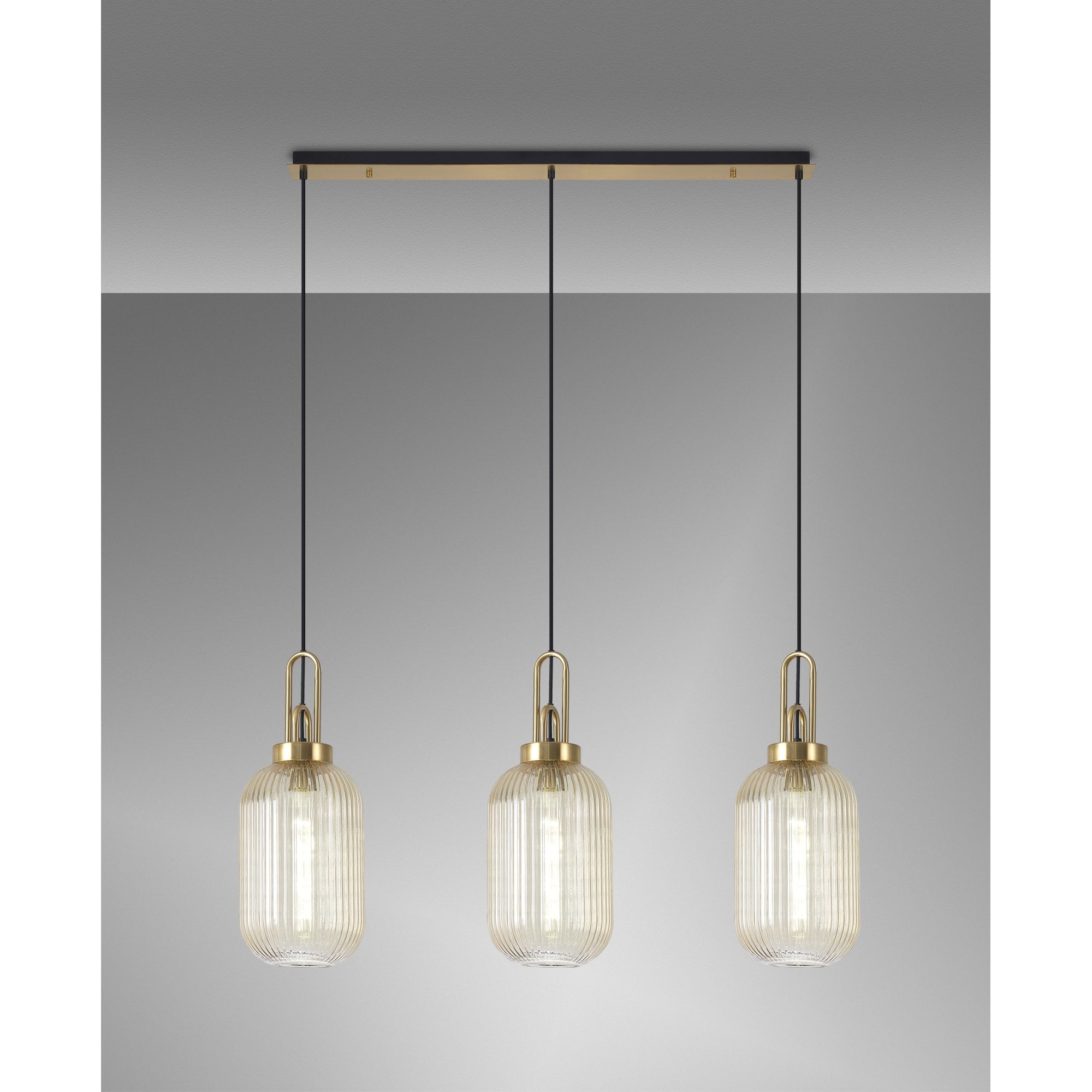 Fabula Springfield 3 Light Linear Pendant - 20cm Tubular Ribbed Glass Shades - Brass Gold & Champagne Glass