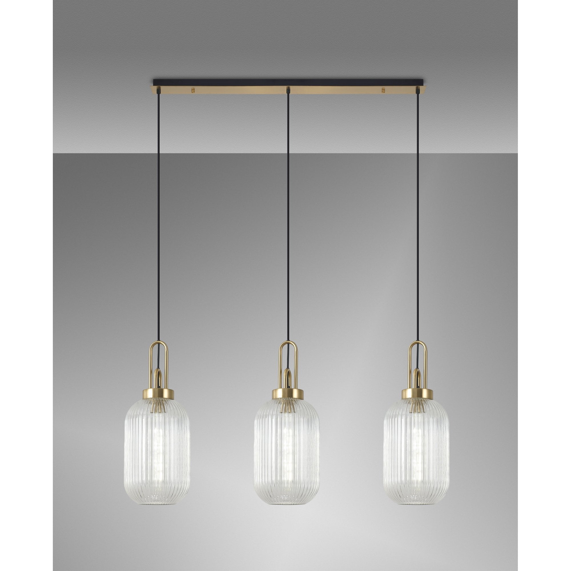 Fabula Springfield 3 Light Linear Pendant - 20cm Tubular Ribbed Glass Shades - Brass Gold & Clear Glass