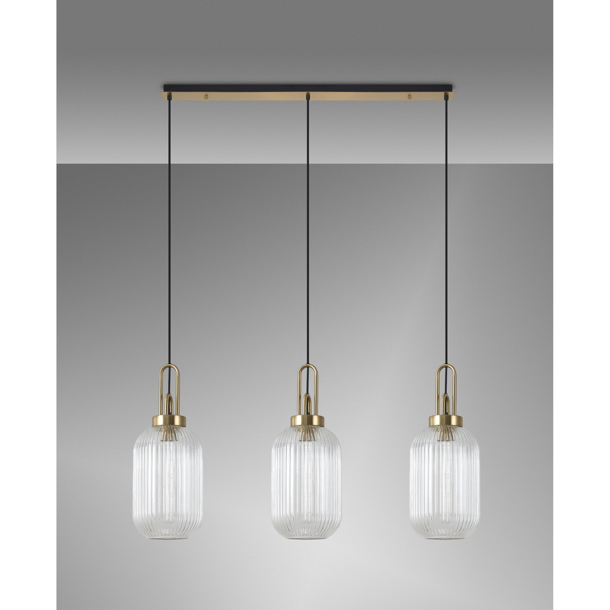 Fabula Springfield 3 Light Linear Pendant - 20cm Tubular Ribbed Glass Shades - Brass Gold & Clear Glass