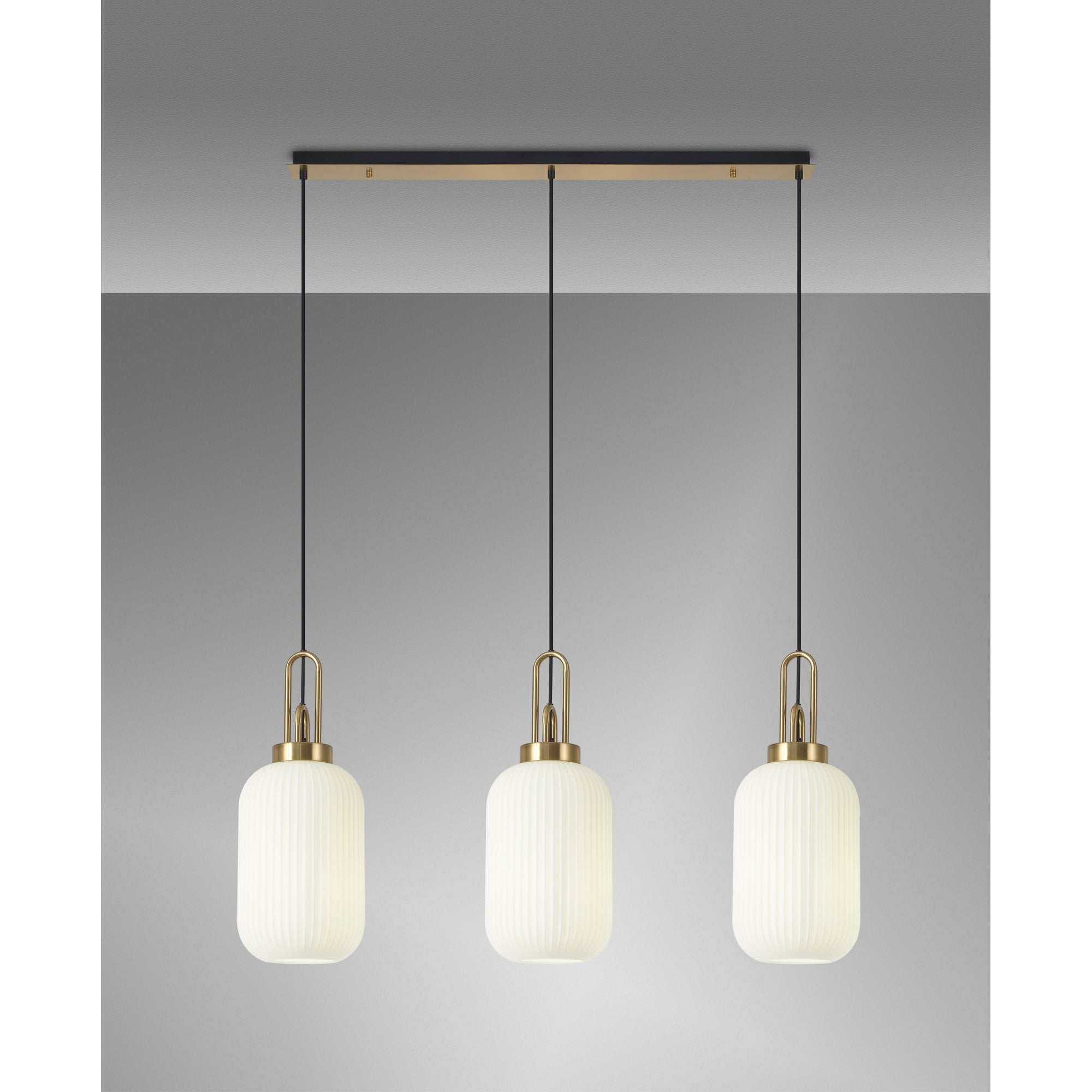 Fabula Springfield 3 Light Linear Pendant - 20cm Tubular Ribbed Glass Shades - Brass Gold & Opal Glass