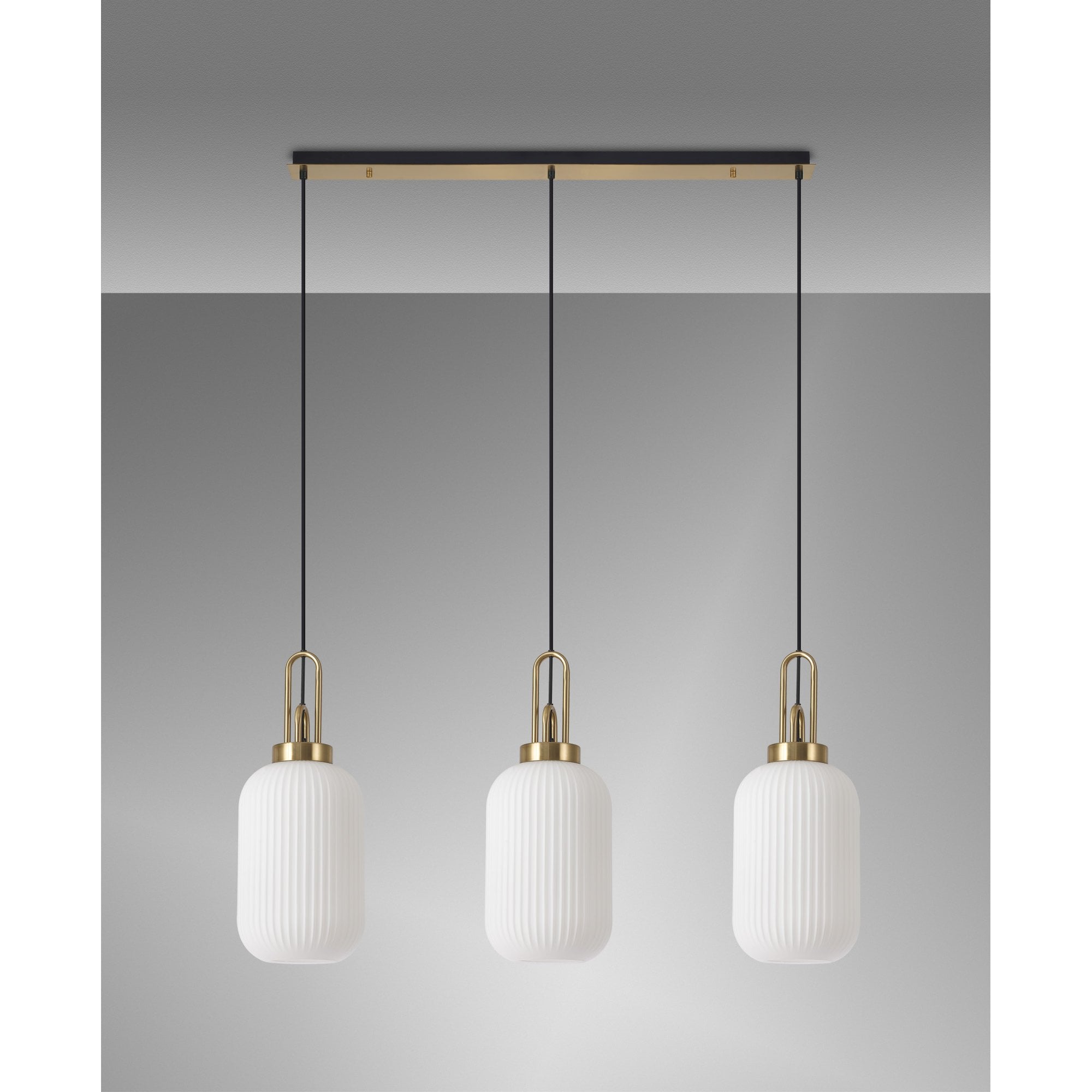 Fabula Springfield 3 Light Linear Pendant - 20cm Tubular Ribbed Glass Shades - Brass Gold & Opal Glass
