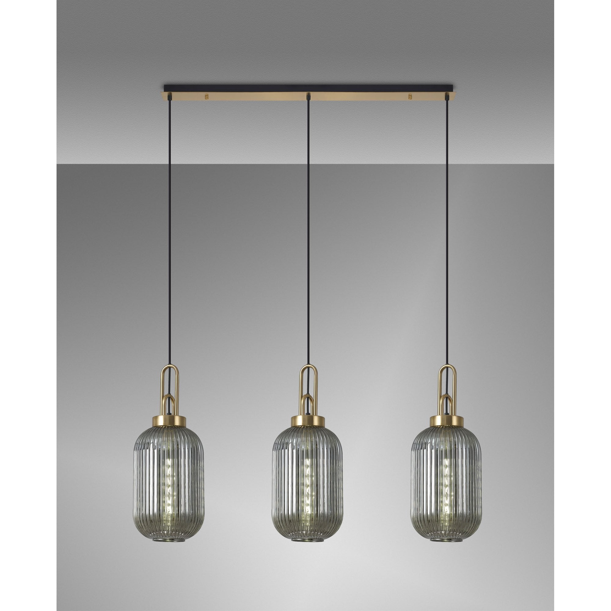Fabula Springfield 3 Light Linear Pendant - 20cm Tubular Ribbed Glass Shades - Brass Gold & Smoked Glass