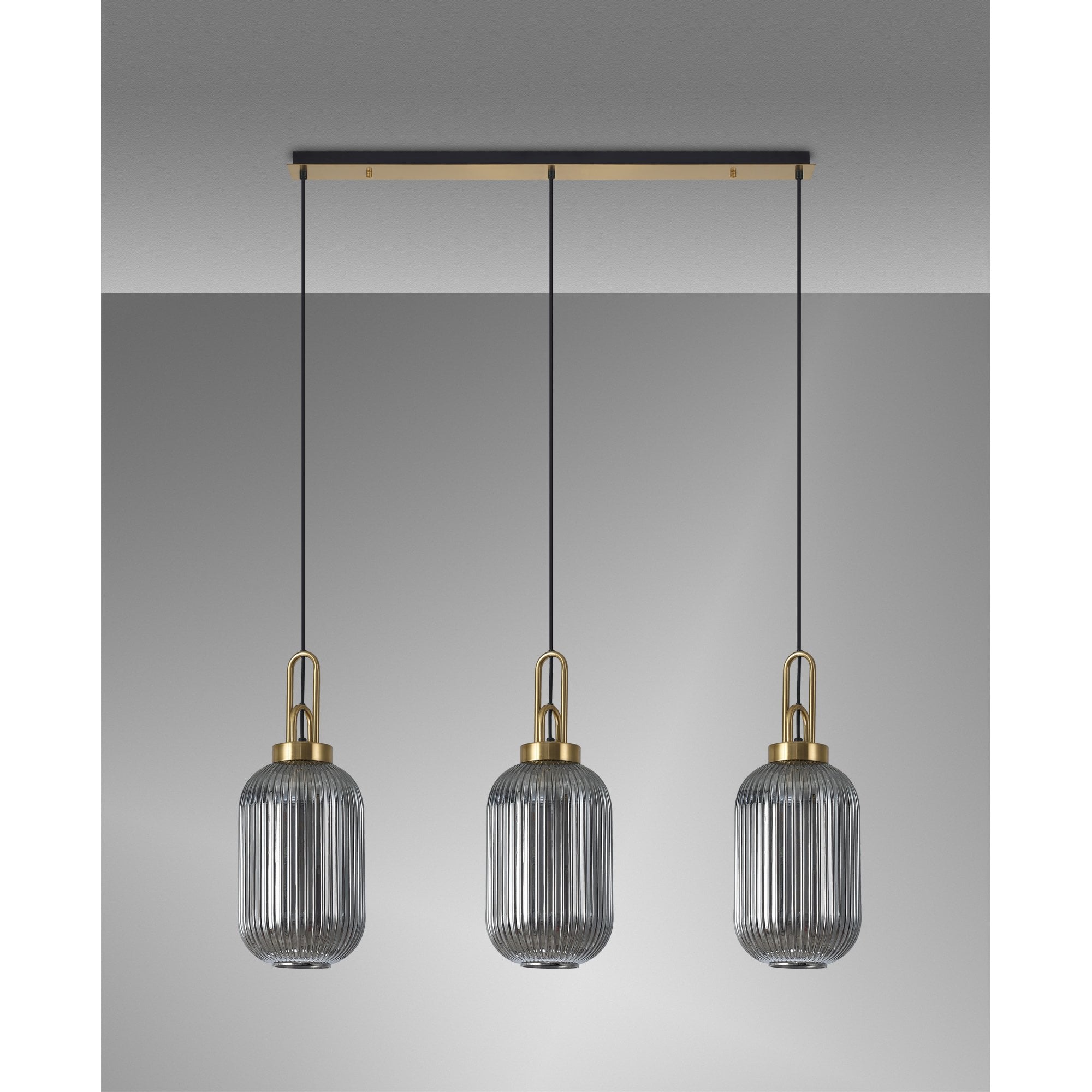 Fabula Springfield 3 Light Linear Pendant - 20cm Tubular Ribbed Glass Shades - Brass Gold & Smoked Glass