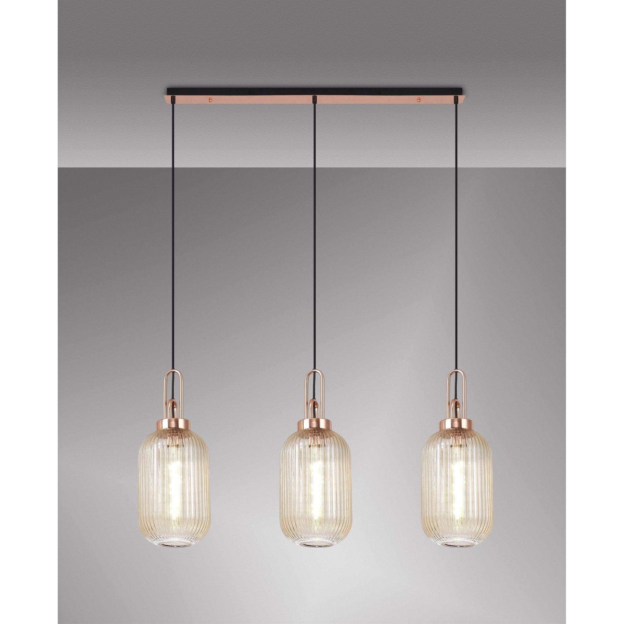 Fabula Springfield 3 Light Linear Pendant - 20cm Tubular Ribbed Glass Shades - Copper & Champagne Glass