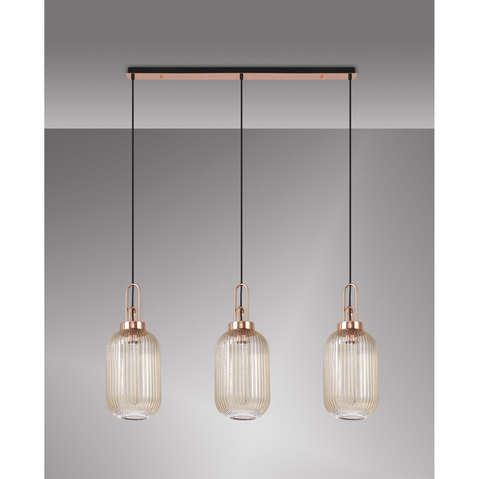 Fabula Springfield 3 Light Linear Pendant - 20cm Tubular Ribbed Glass Shades - Copper & Champagne Glass