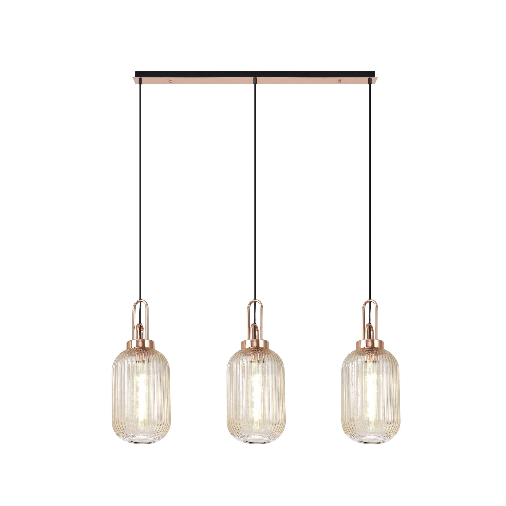 Fabula Springfield 3 Light Linear Pendant - 20cm Tubular Ribbed Glass Shades - Copper & Champagne Glass