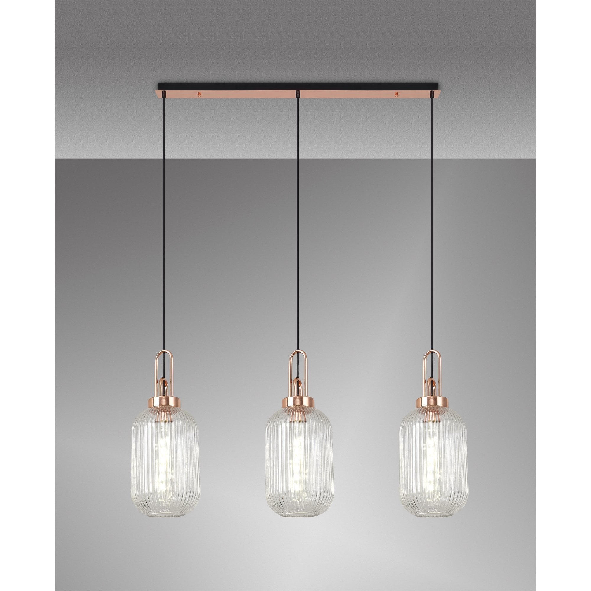 Fabula Springfield 3 Light Linear Pendant - 20cm Tubular Ribbed Glass Shades - Copper & Clear Glass