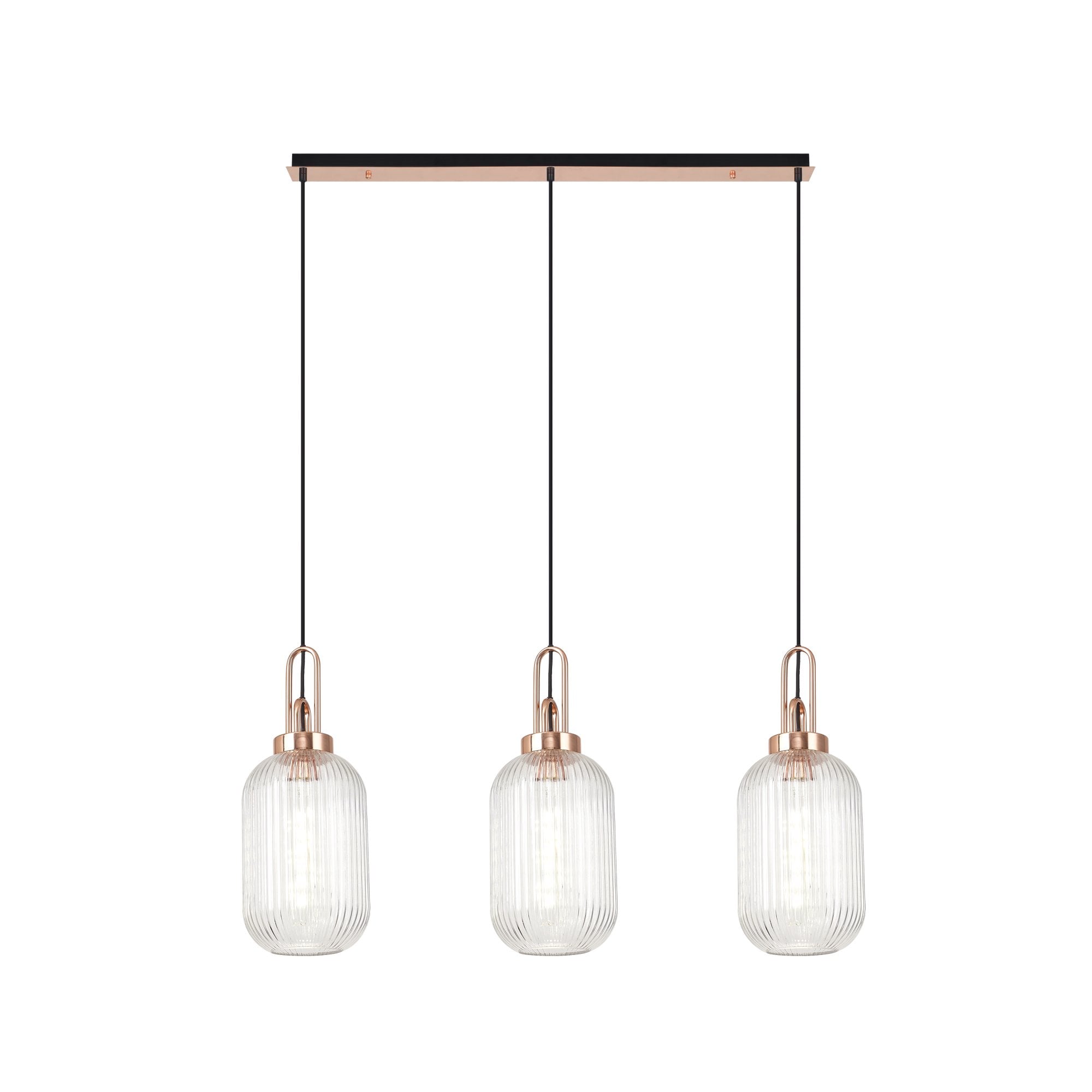 Fabula Springfield 3 Light Linear Pendant - 20cm Tubular Ribbed Glass Shades - Copper & Clear Glass