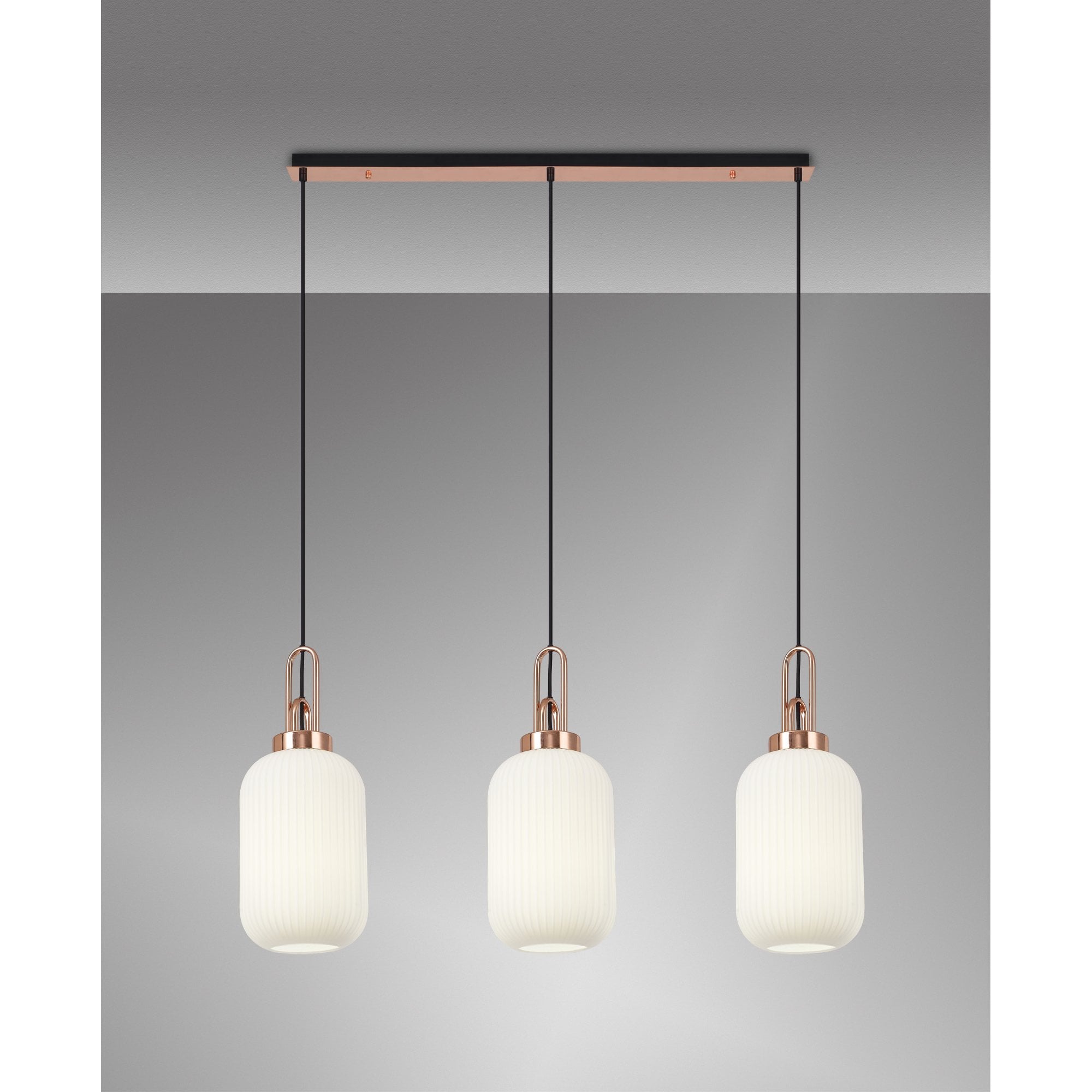 Fabula Springfield 3 Light Linear Pendant - 20cm Tubular Ribbed Glass Shades - Copper & Opal Glass