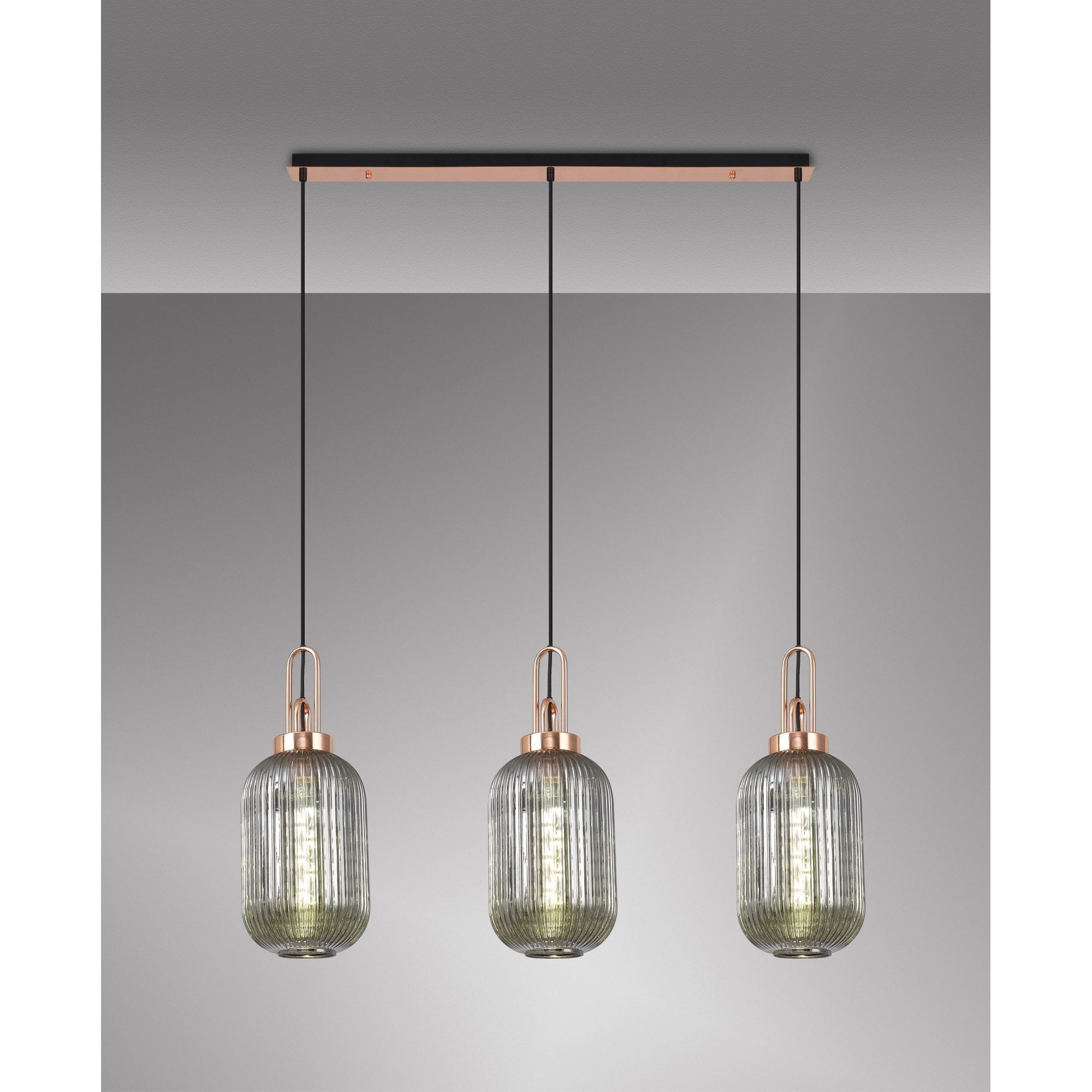 Fabula Springfield 3 Light Linear Pendant - 20cm Tubular Ribbed Glass Shades - Copper & Smoked Glass