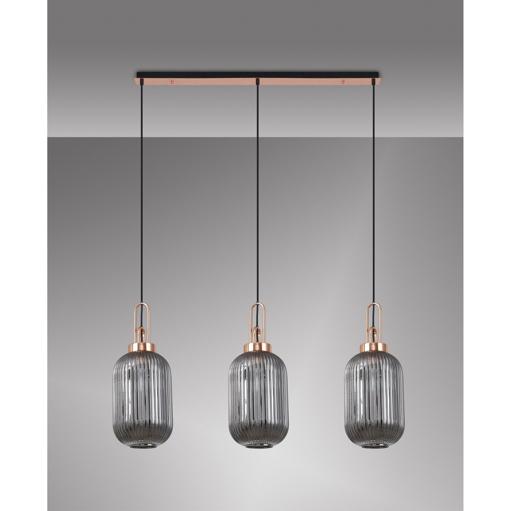 Fabula Springfield 3 Light Linear Pendant - 20cm Tubular Ribbed Glass Shades - Copper & Smoked Glass