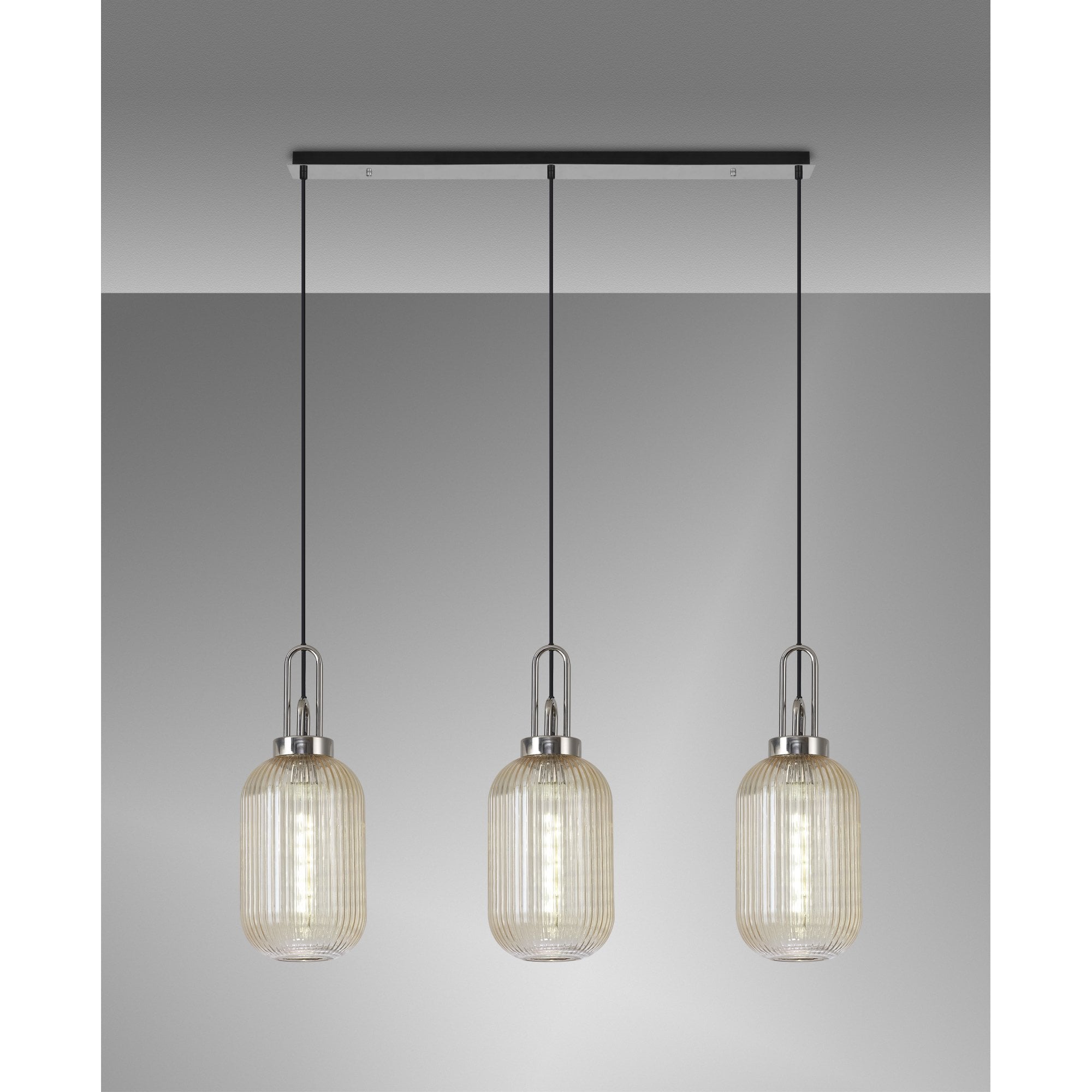 Fabula Springfield 3 Light Linear Pendant - 20cm Tubular Ribbed Glass Shades - Polished Nickel & Champagne Glass
