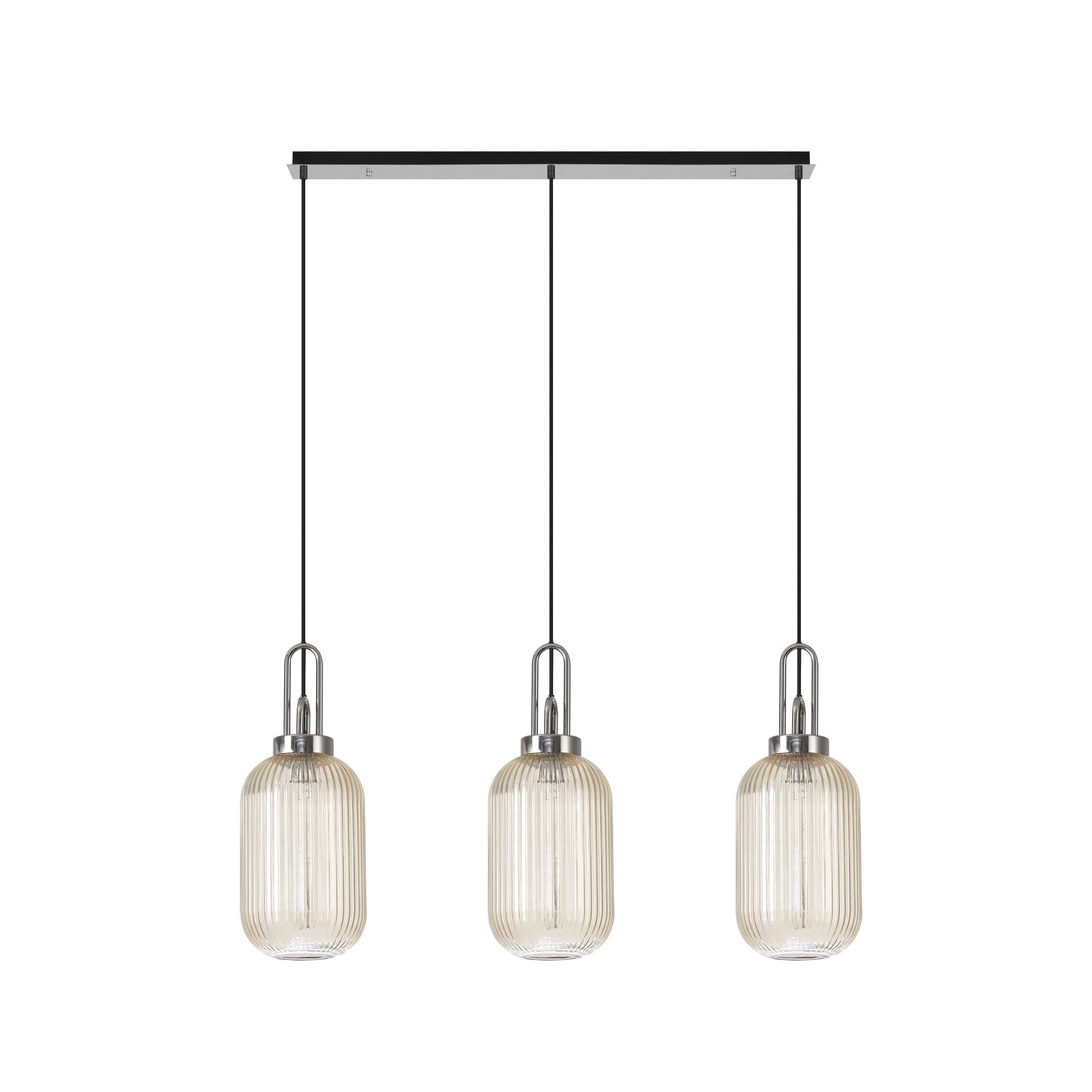 Fabula Springfield 3 Light Linear Pendant - 20cm Tubular Ribbed Glass Shades - Polished Nickel & Champagne Glass