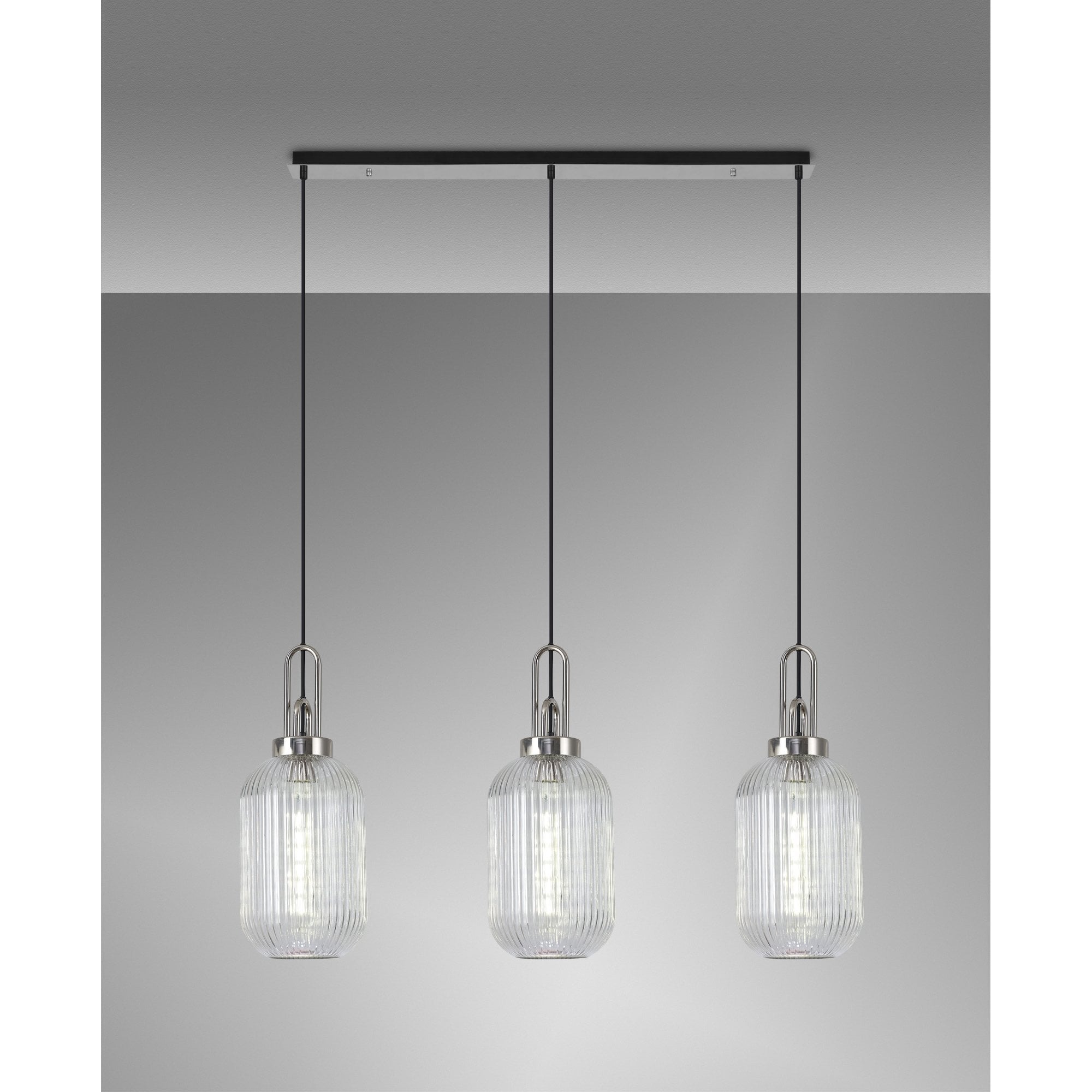 Fabula Springfield 3 Light Linear Pendant - 20cm Tubular Ribbed Glass Shades - Polished Nickel & Clear Glass
