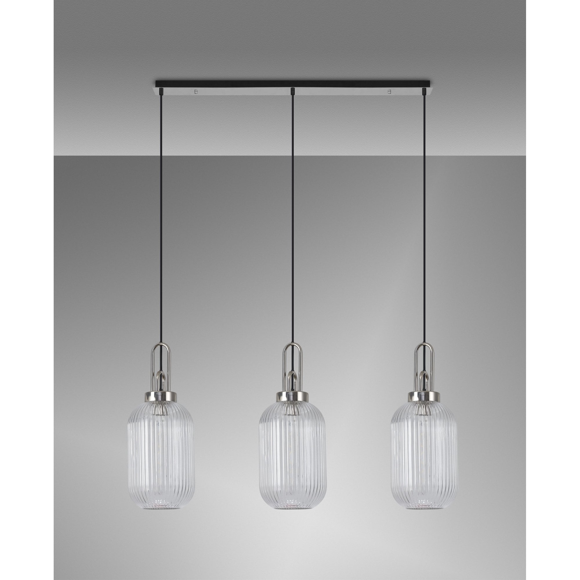 Fabula Springfield 3 Light Linear Pendant - 20cm Tubular Ribbed Glass Shades - Polished Nickel & Clear Glass