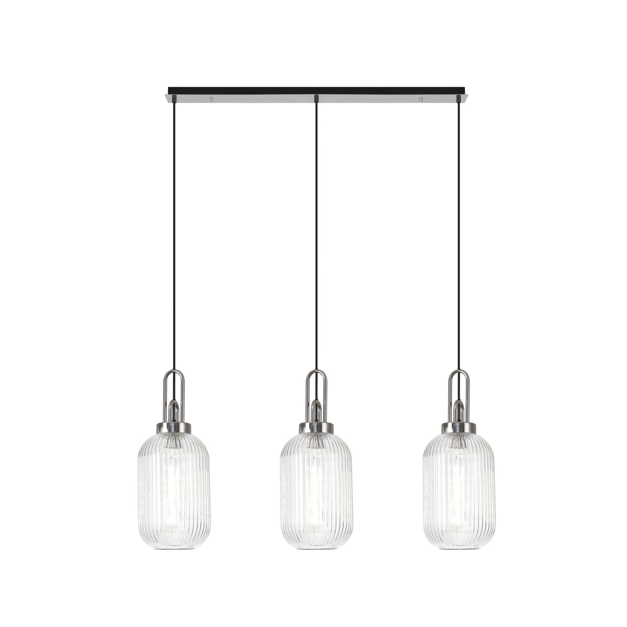Fabula Springfield 3 Light Linear Pendant - 20cm Tubular Ribbed Glass Shades - Polished Nickel & Clear Glass