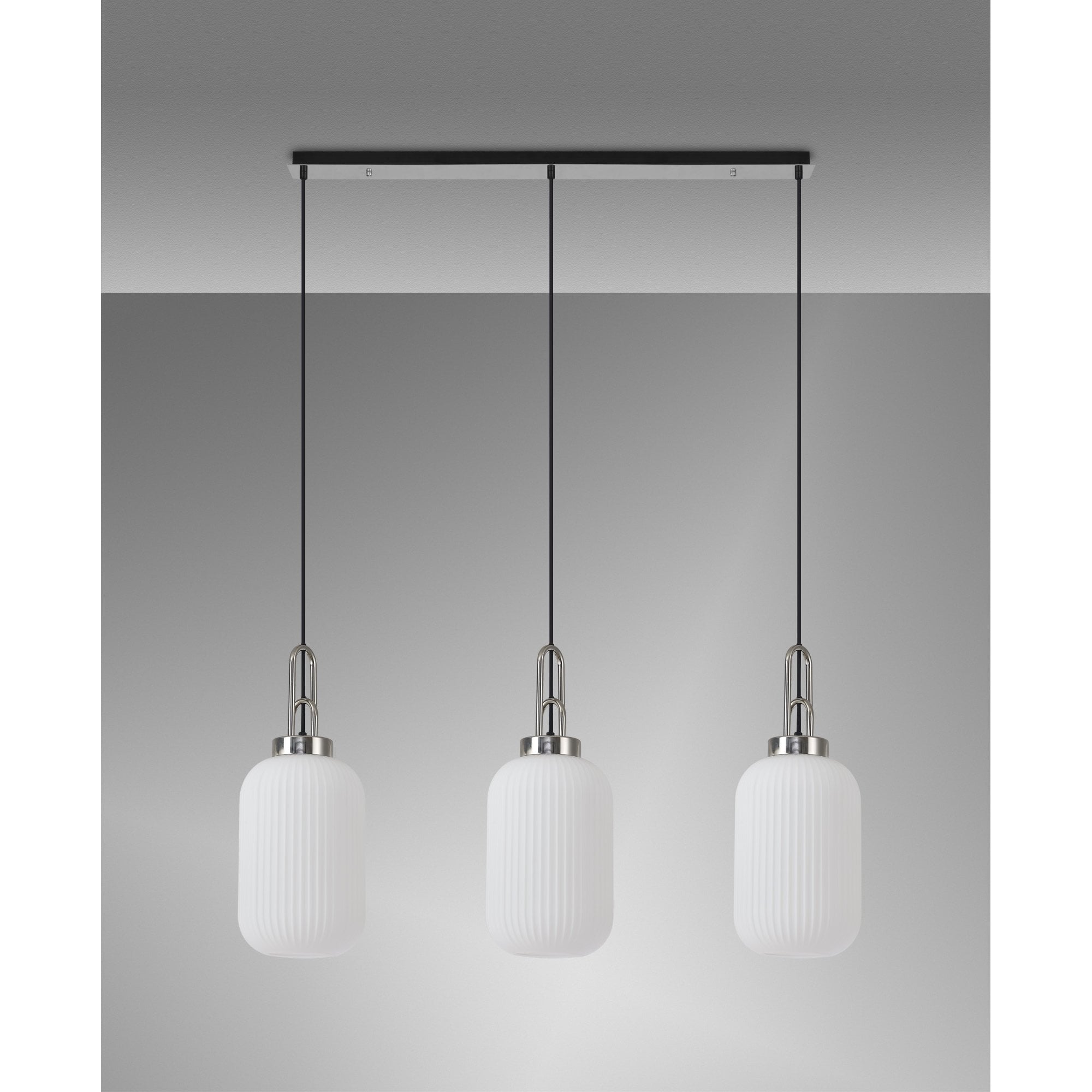 Fabula Springfield 3 Light Linear Pendant - 20cm Tubular Ribbed Glass Shades - Polished Nickel & Opal Glass