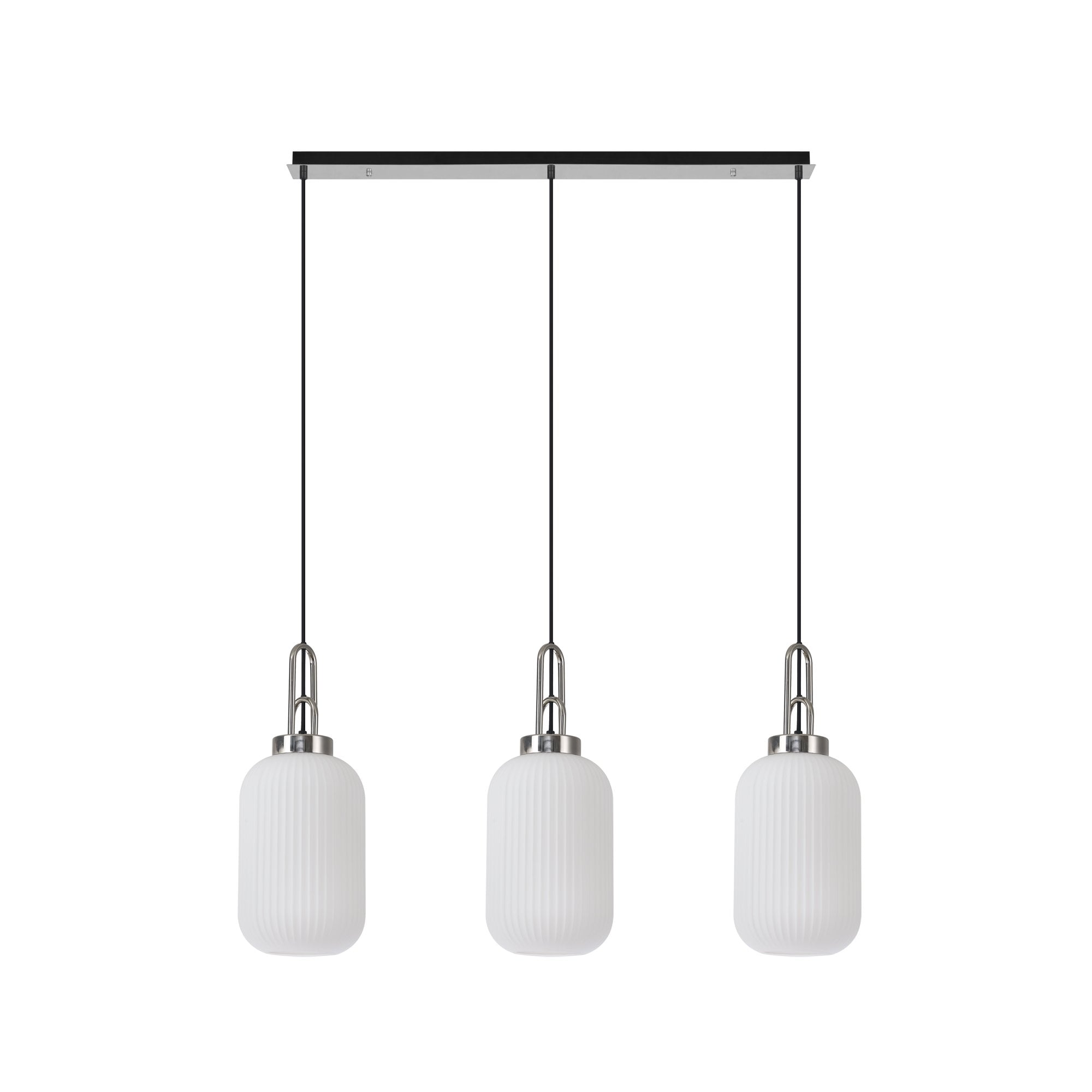 Fabula Springfield 3 Light Linear Pendant - 20cm Tubular Ribbed Glass Shades - Polished Nickel & Opal Glass