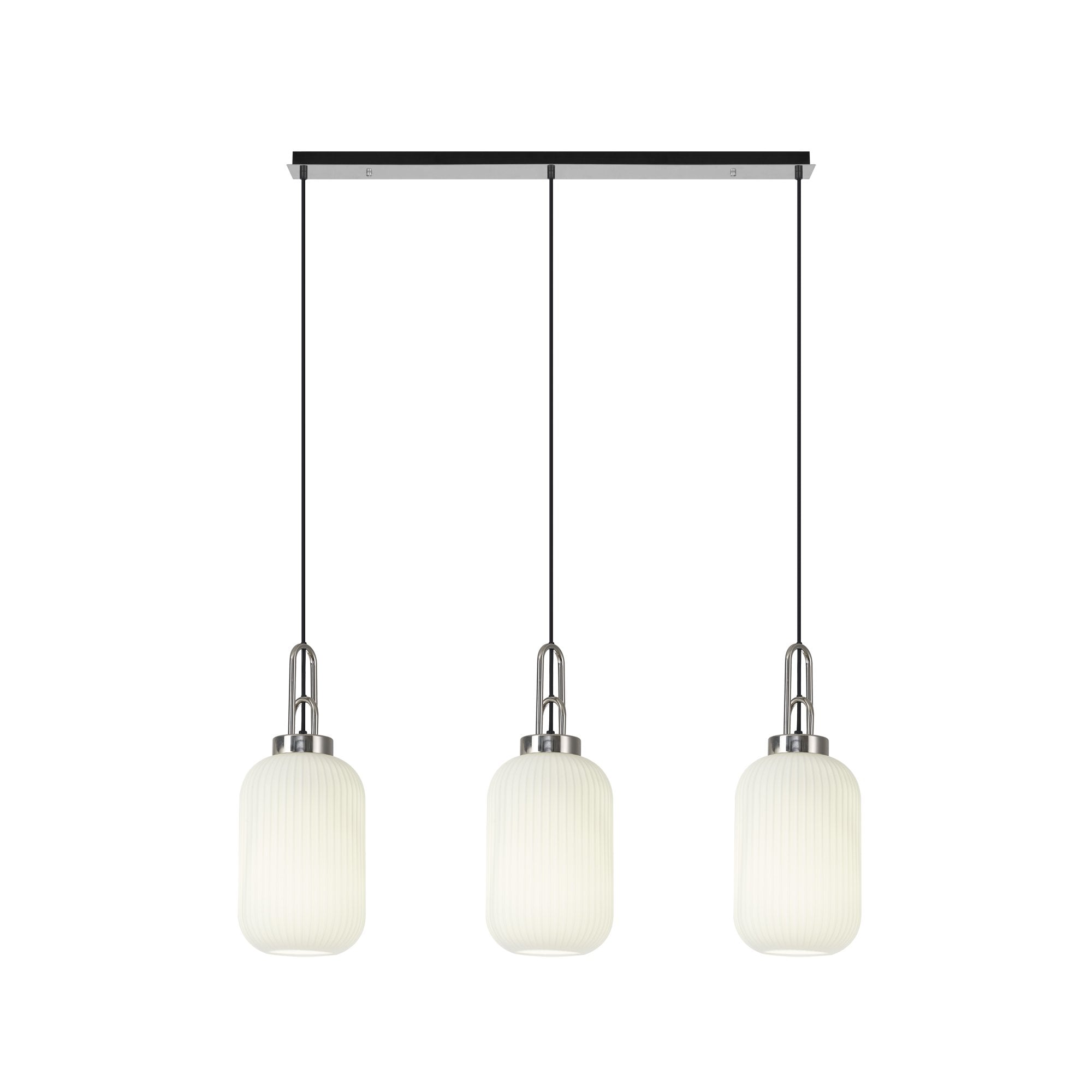 Fabula Springfield 3 Light Linear Pendant - 20cm Tubular Ribbed Glass Shades - Polished Nickel & Opal Glass