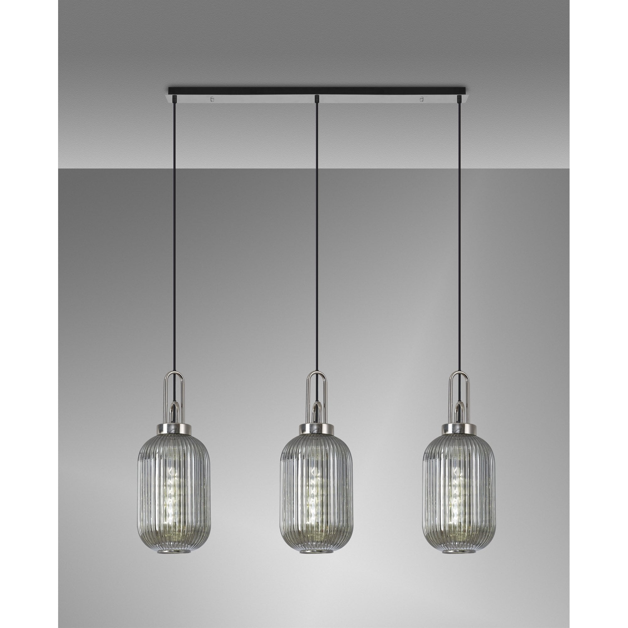 Fabula Springfield 3 Light Linear Pendant - 20cm Tubular Ribbed Glass Shades - Polished Nickel & Smoked Glass
