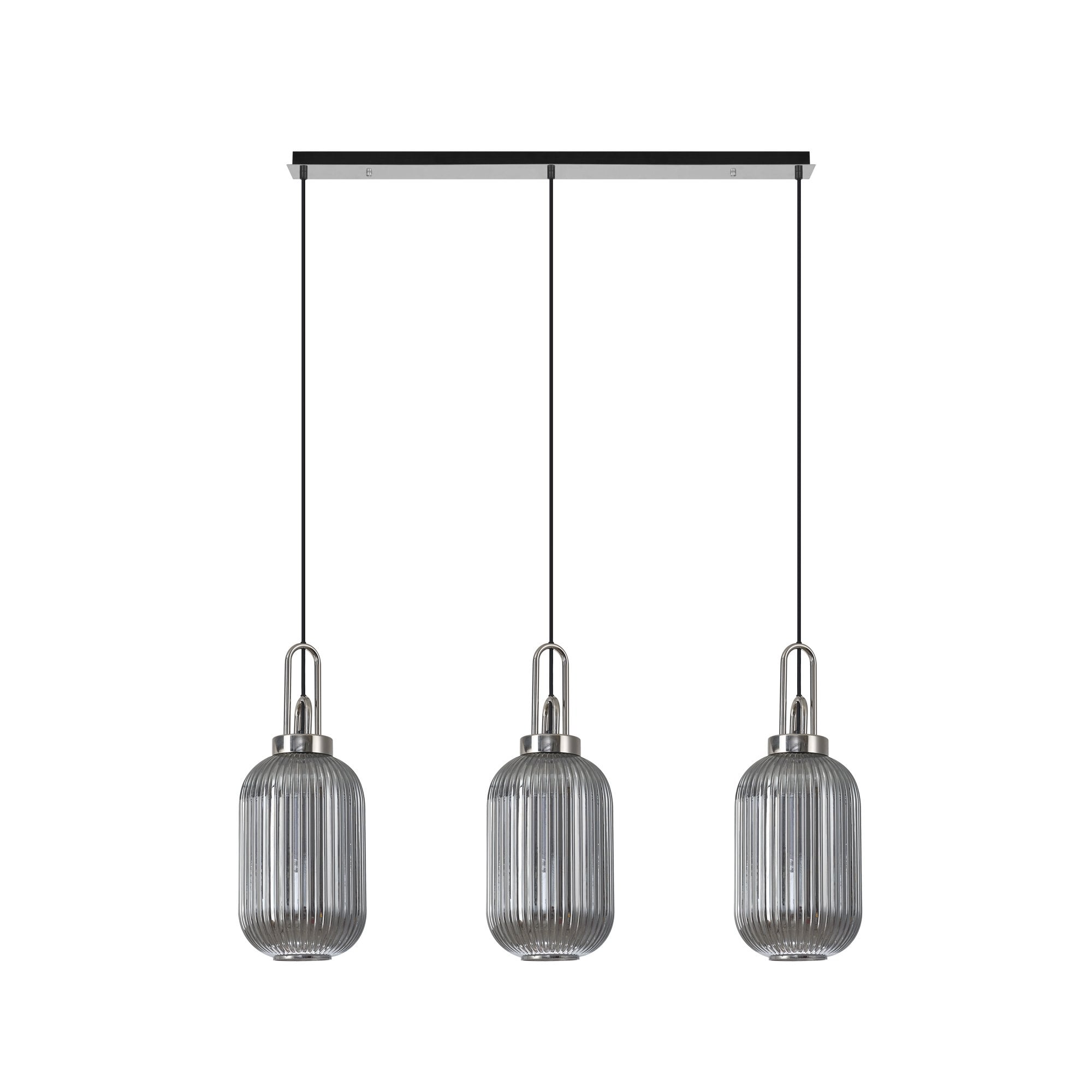 Fabula Springfield 3 Light Linear Pendant - 20cm Tubular Ribbed Glass Shades - Polished Nickel & Smoked Glass