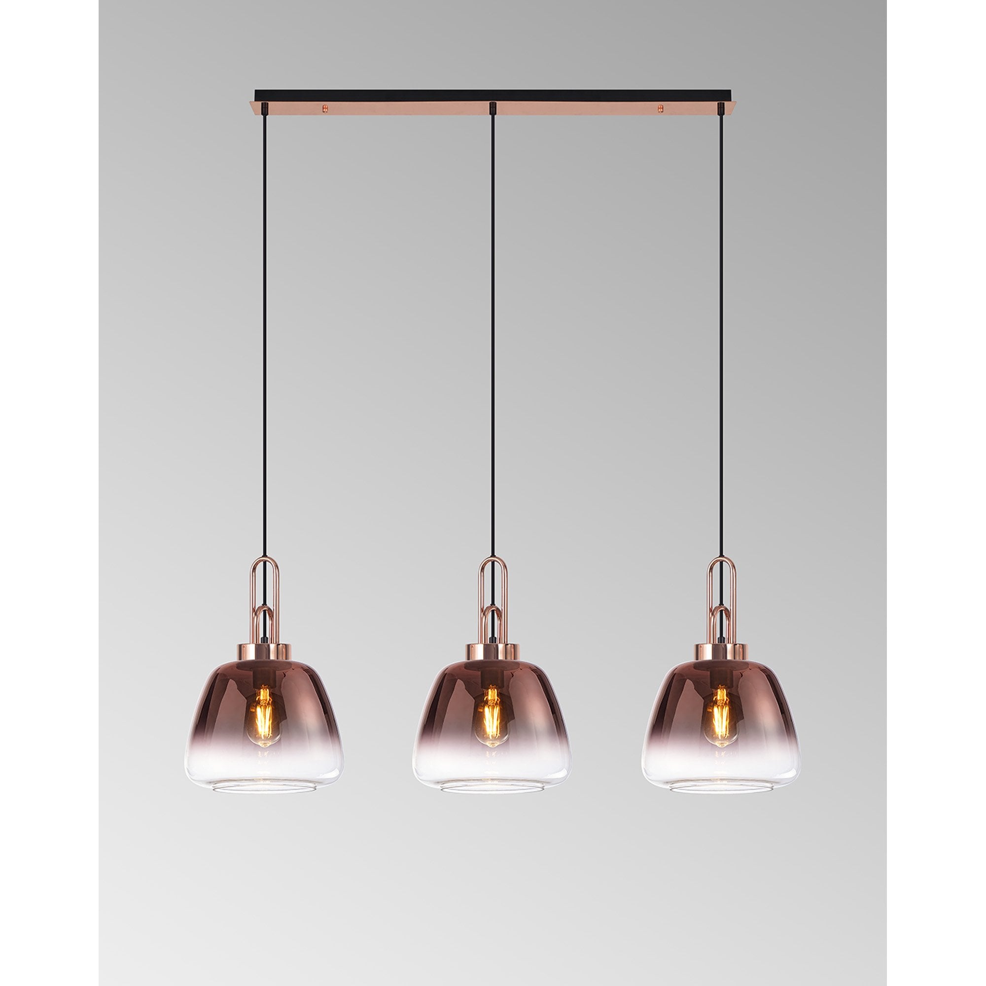 Fabula Springfield 3 Light Linear Pendant - 28cm Trapezium Glass Shades - Matt Black & Copper Fade Glass