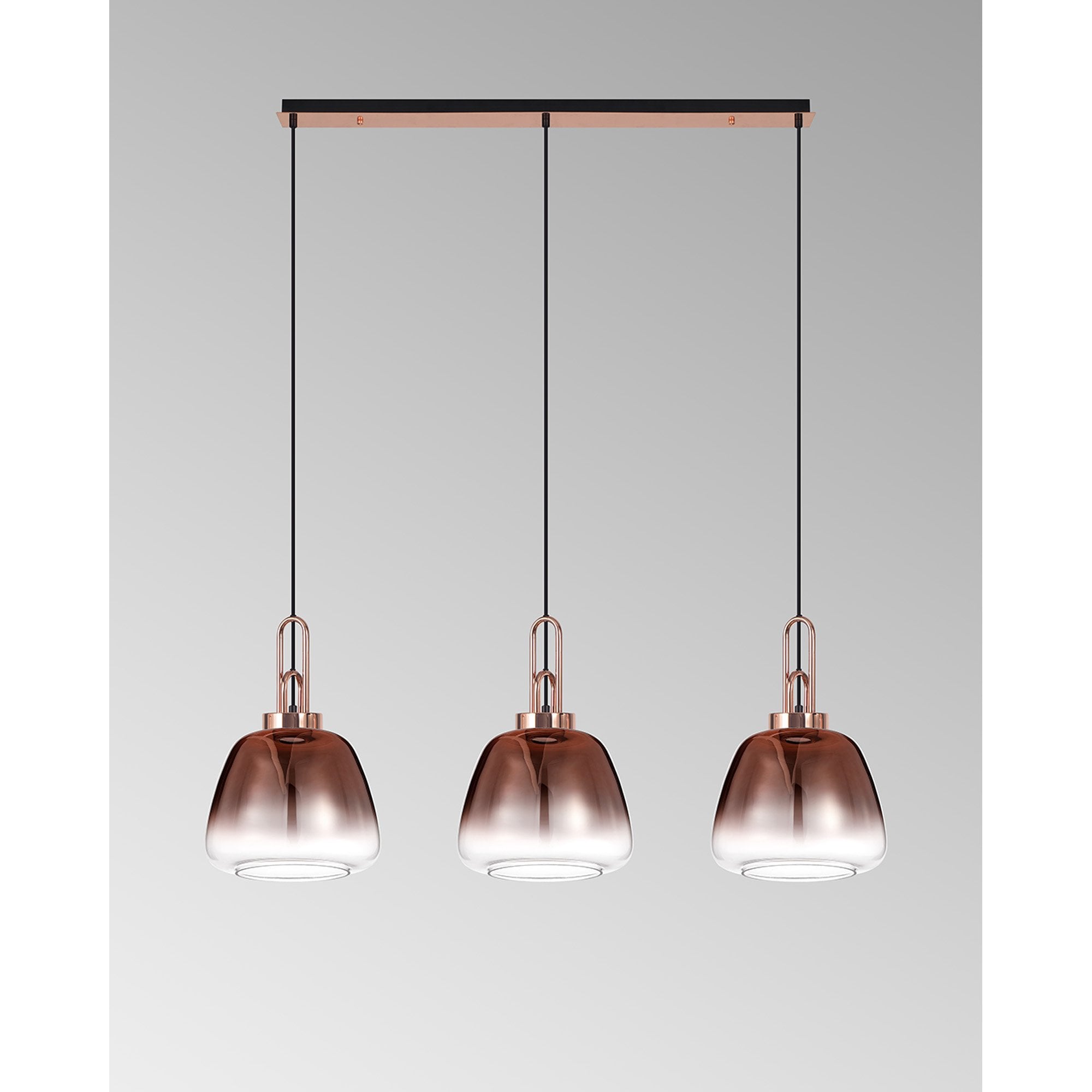 Fabula Springfield 3 Light Linear Pendant - 28cm Trapezium Glass Shades - Matt Black & Copper Fade Glass