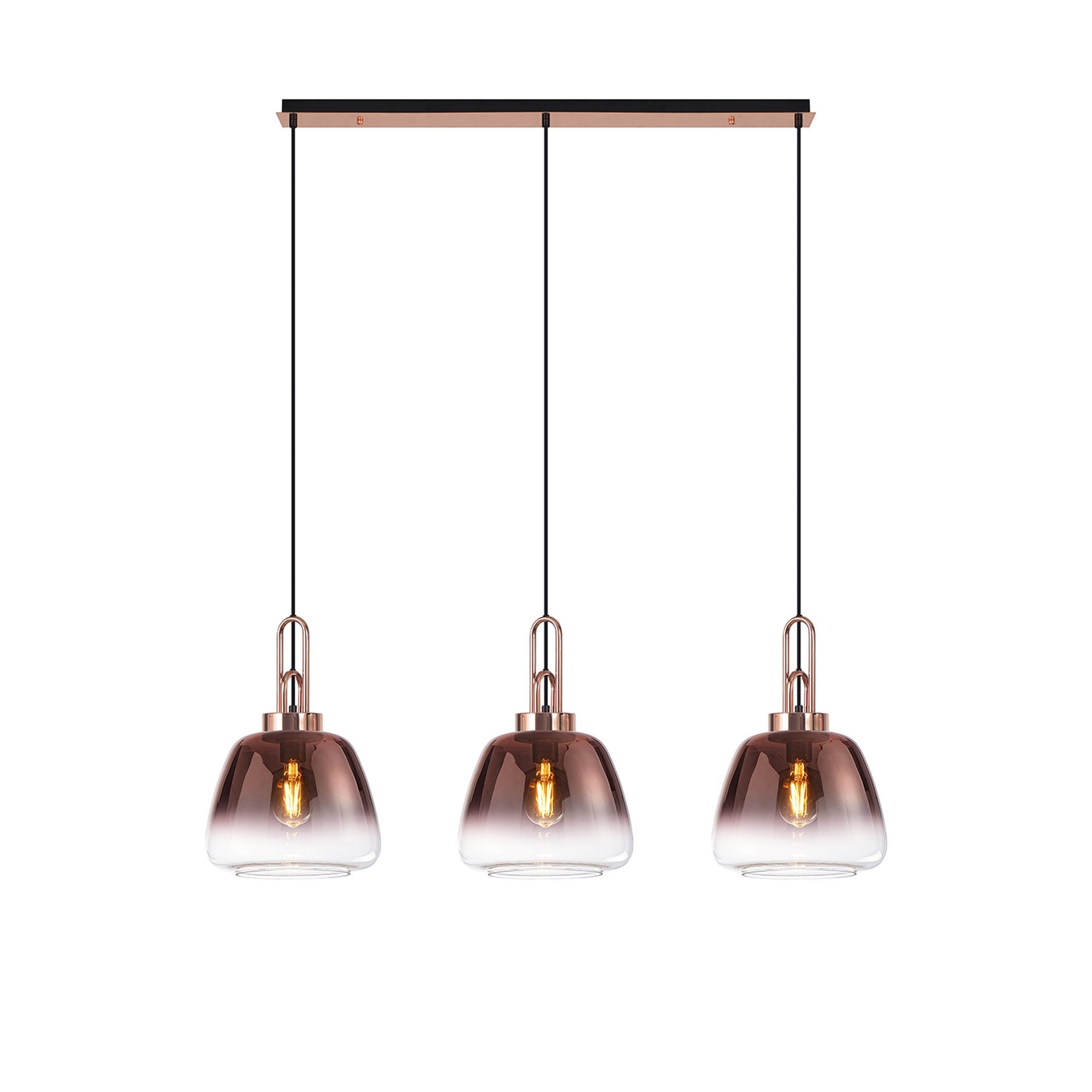 Fabula Springfield 3 Light Linear Pendant - 28cm Trapezium Glass Shades - Matt Black & Copper Fade Glass