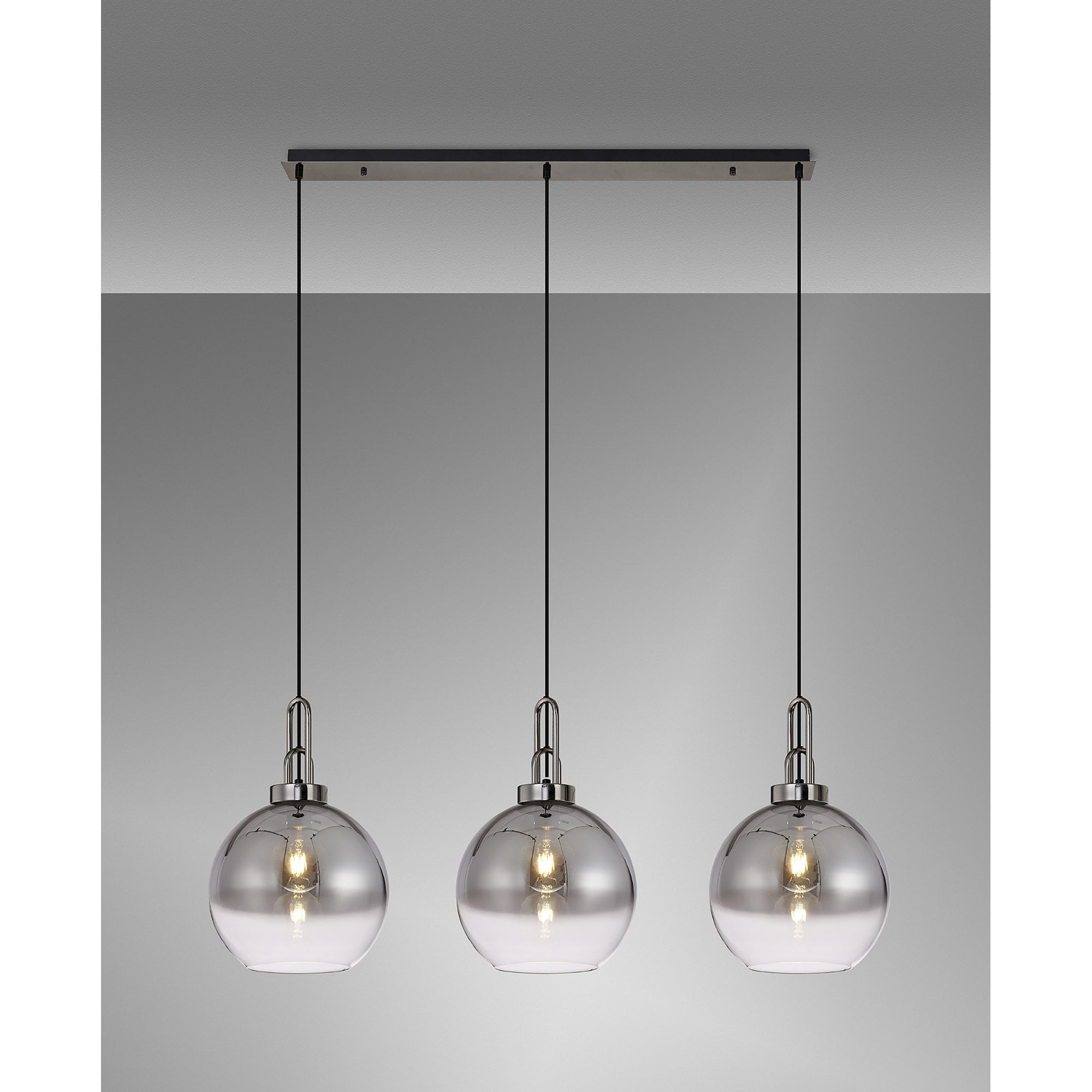 Fabula Springfield 3 Light Linear Pendant - 30cm Globe Glass Shades - Black Chrome & Smoked Fade Glass