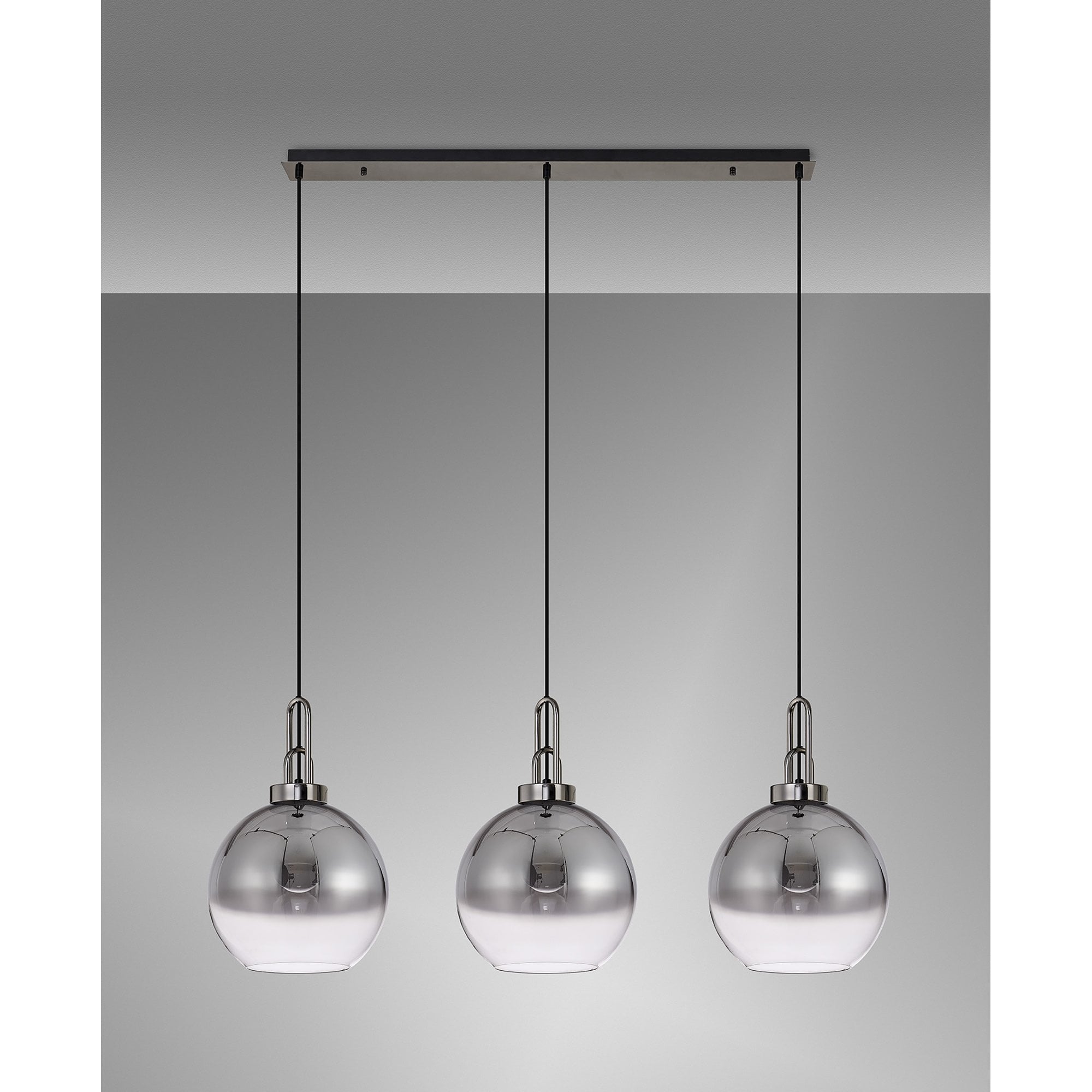 Fabula Springfield 3 Light Linear Pendant - 30cm Globe Glass Shades - Black Chrome & Smoked Fade Glass