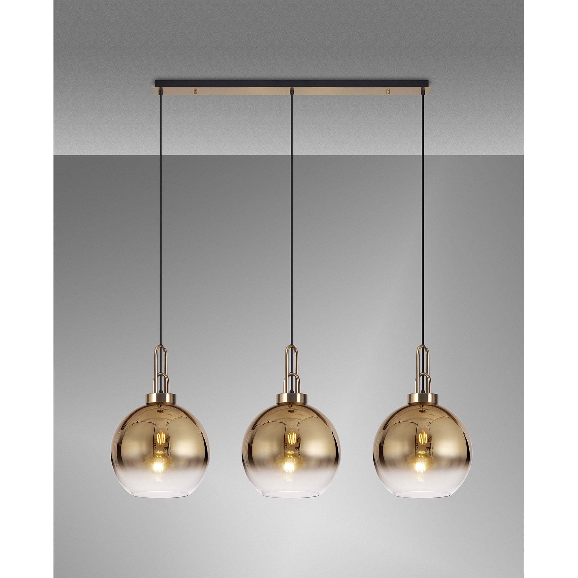 Fabula Springfield 3 Light Linear Pendant - 30cm Globe Glass Shades - Brass Gold & Brass Gold Fade Glass