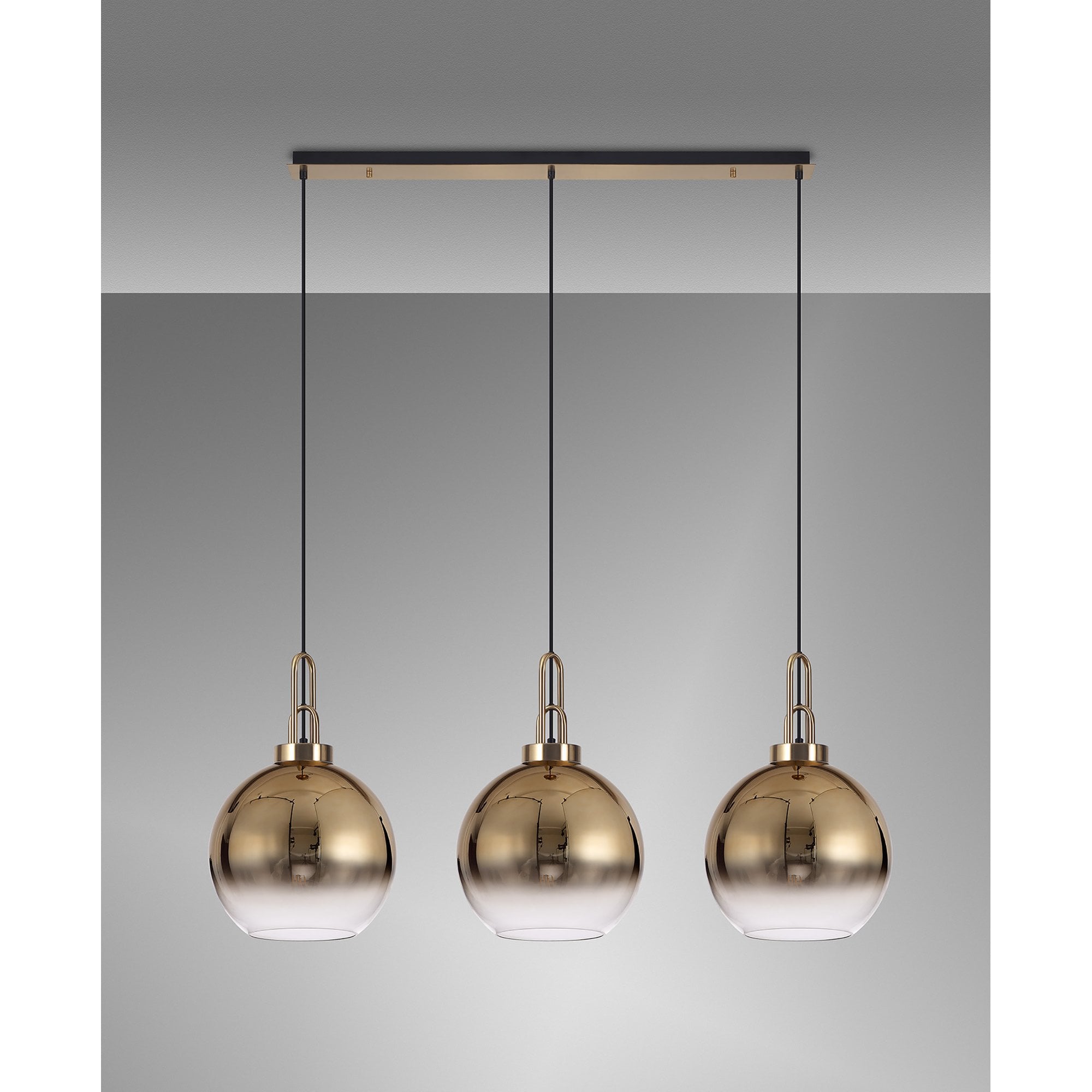Fabula Springfield 3 Light Linear Pendant - 30cm Globe Glass Shades - Brass Gold & Brass Gold Fade Glass