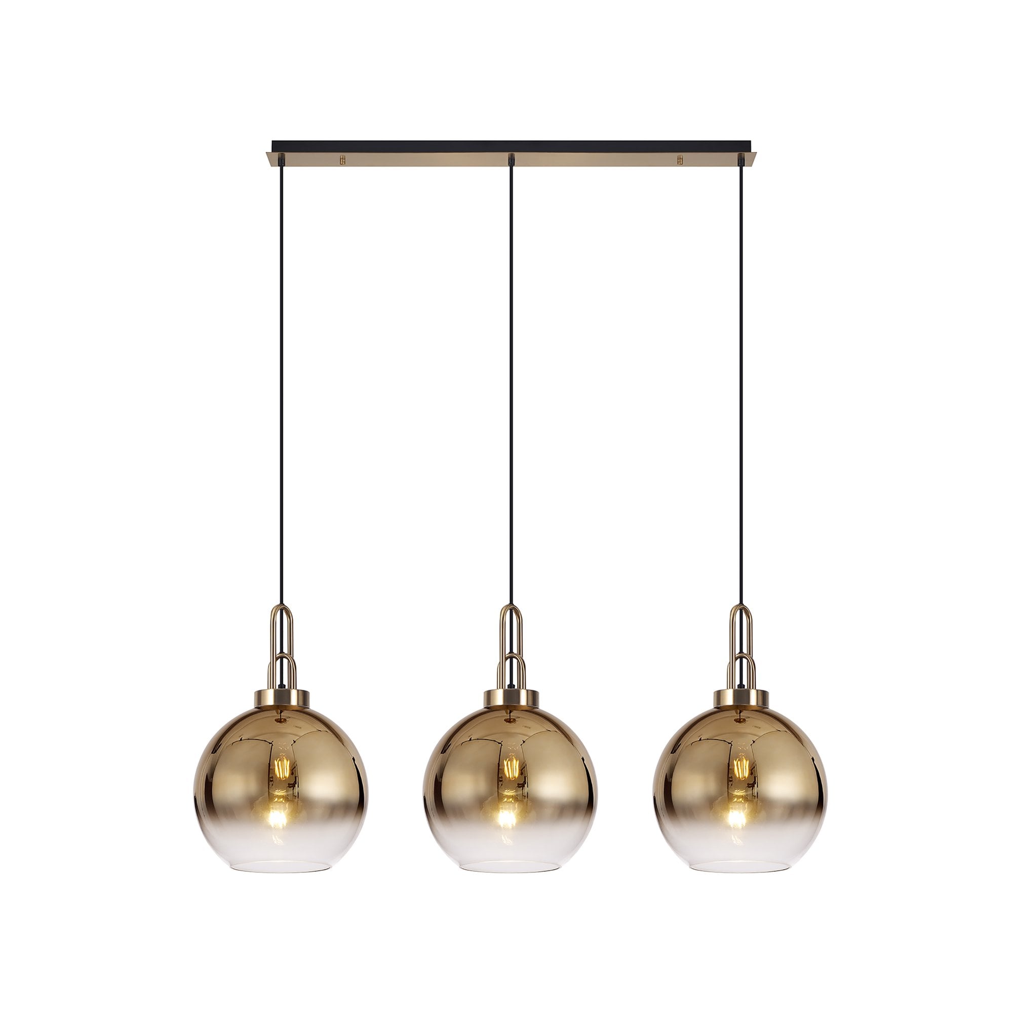 Fabula Springfield 3 Light Linear Pendant - 30cm Globe Glass Shades - Brass Gold & Brass Gold Fade Glass