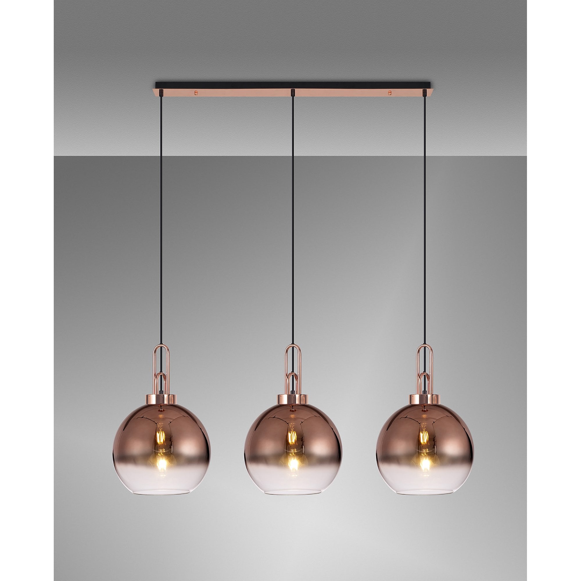 Fabula Springfield 3 Light Linear Pendant - 30cm Globe Glass Shades - Copper & Copper Fade Glass