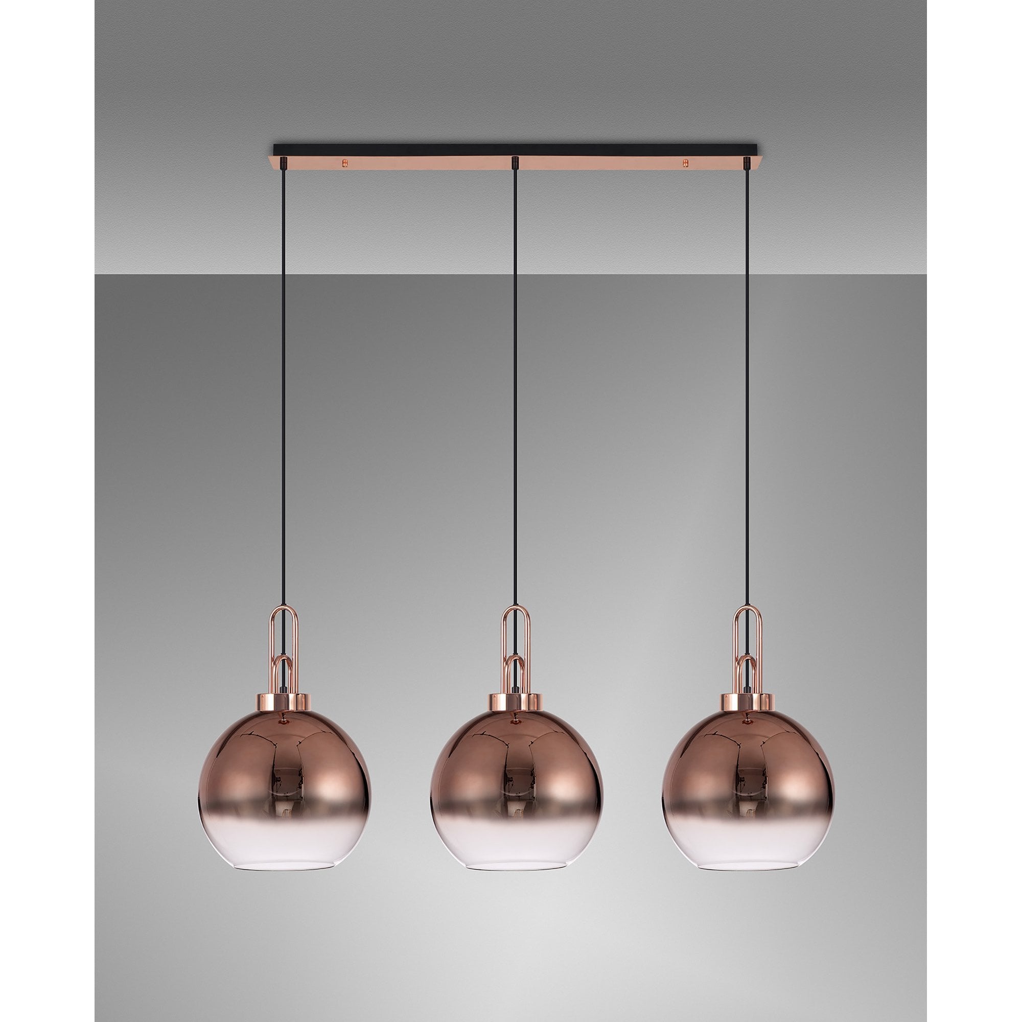 Fabula Springfield 3 Light Linear Pendant - 30cm Globe Glass Shades - Copper & Copper Fade Glass