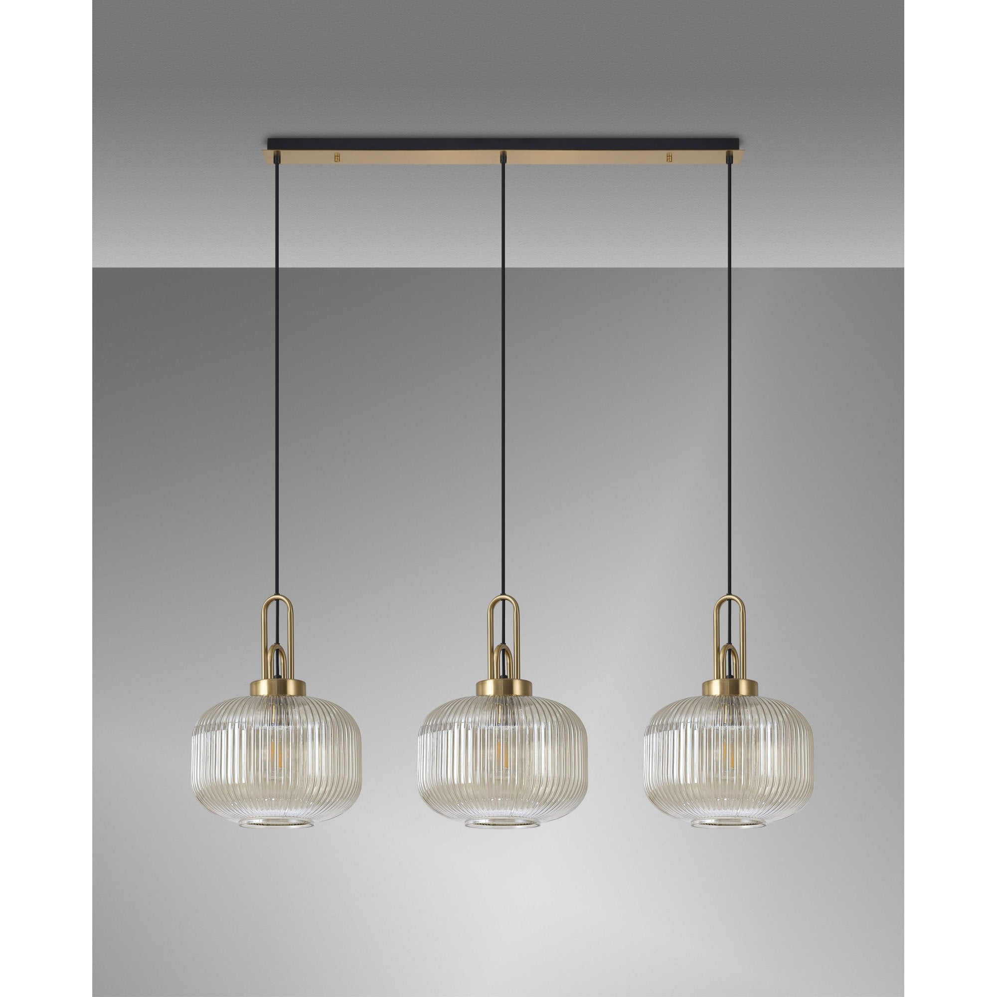 Fabula Springfield 3 Light Linear Pendant - 30cm Pumpkin Shaped Ribbed Glass Shades - Black Chrome & Champagne Glass