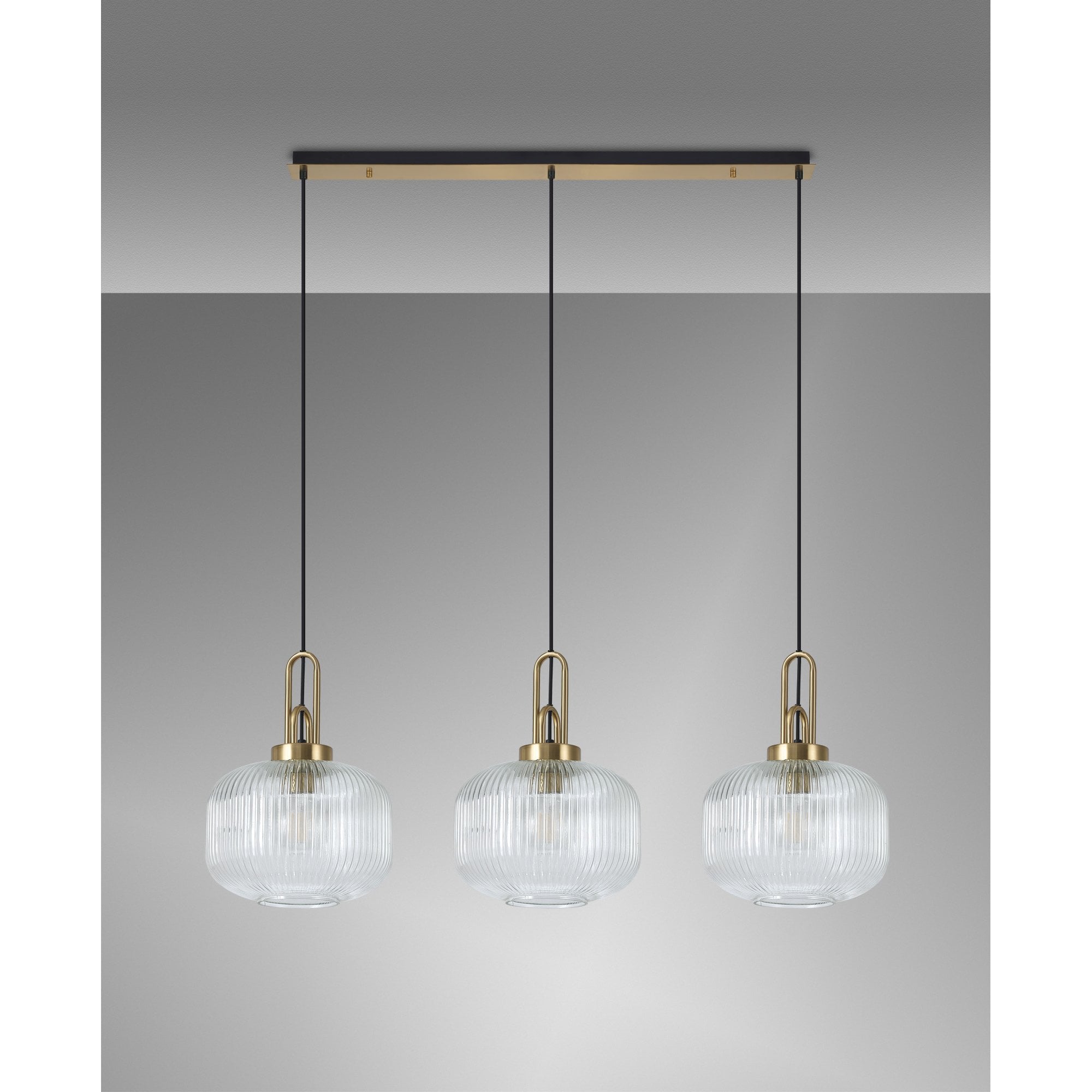 Fabula Springfield 3 Light Linear Pendant - 30cm Pumpkin Shaped Ribbed Glass Shades - Black Chrome & Clear Glass