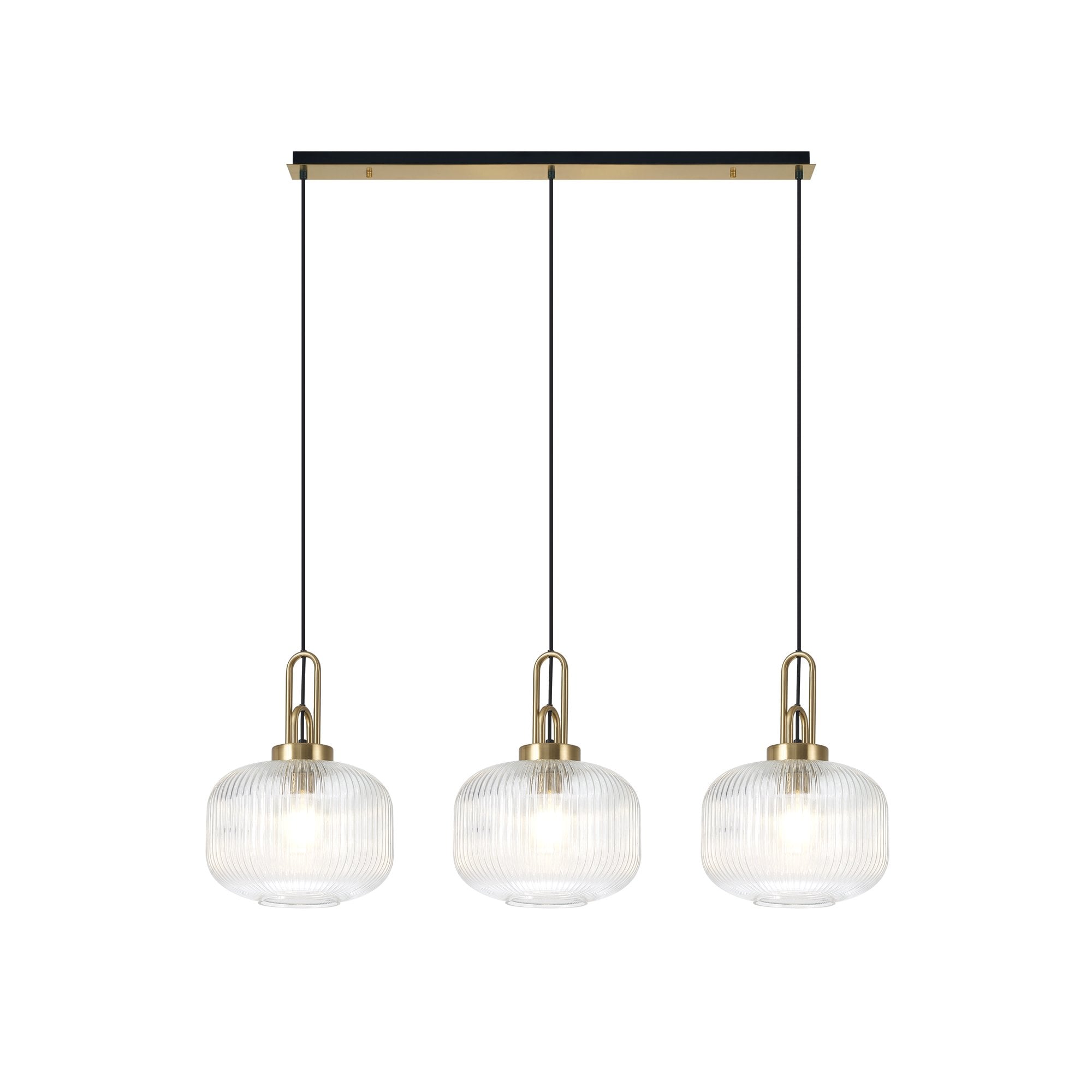 Fabula Springfield 3 Light Linear Pendant - 30cm Pumpkin Shaped Ribbed Glass Shades - Black Chrome & Clear Glass