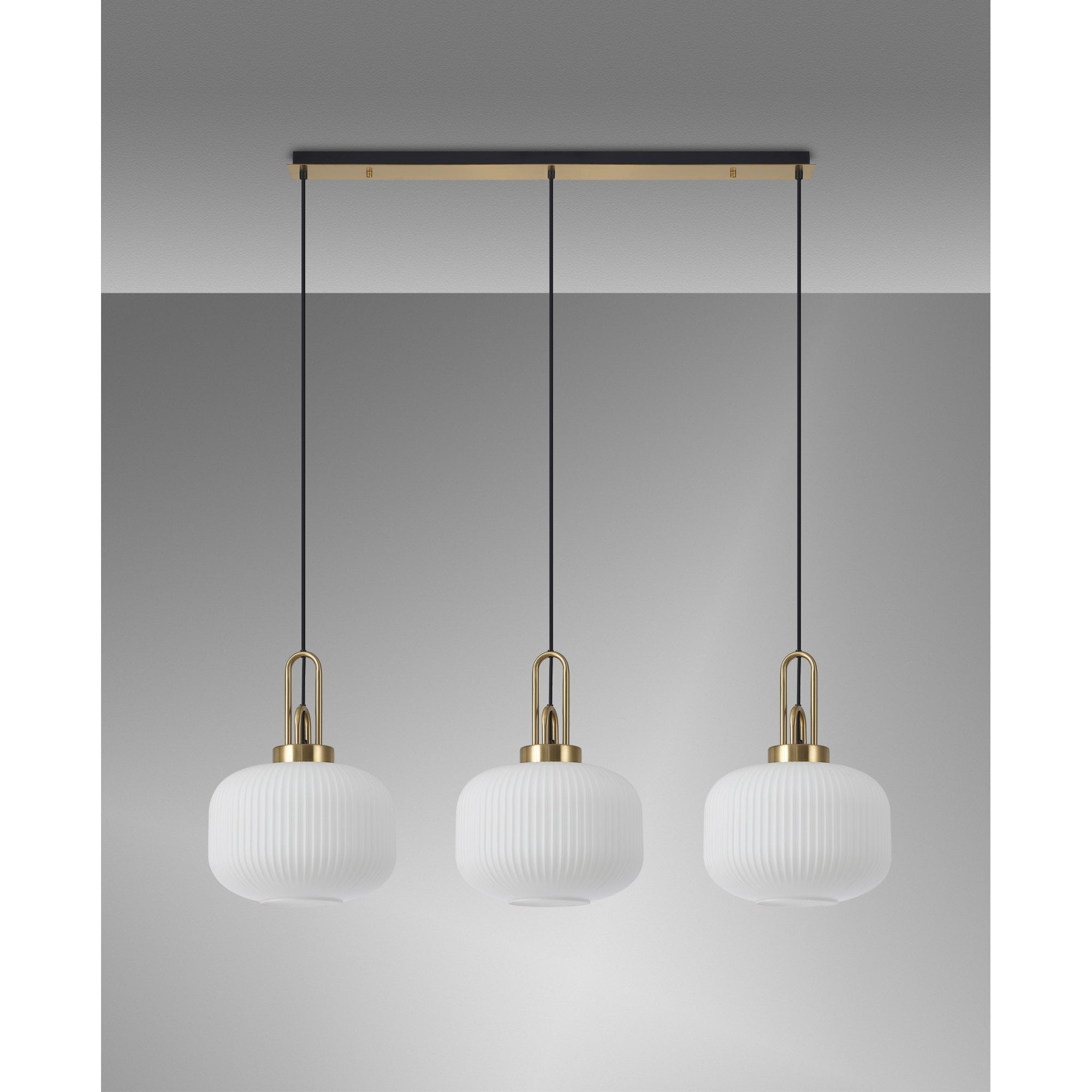 Fabula Springfield 3 Light Linear Pendant - 30cm Pumpkin Shaped Ribbed Glass Shades - Matt Black, Brass Gold & Opal Glass
