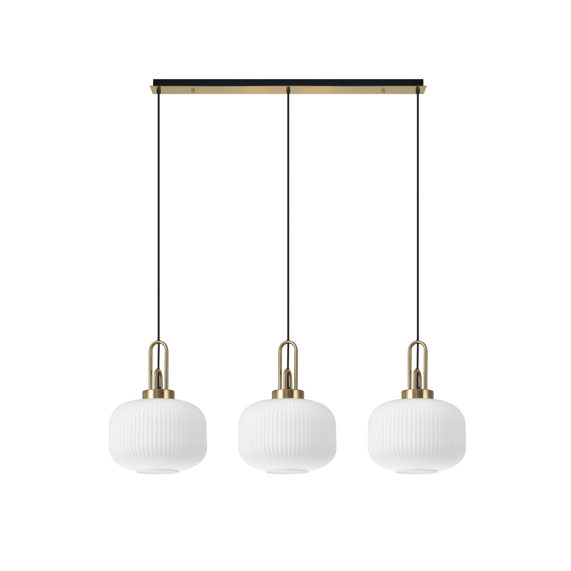 Fabula Springfield 3 Light Linear Pendant - 30cm Pumpkin Shaped Ribbed Glass Shades - Matt Black, Brass Gold & Opal Glass