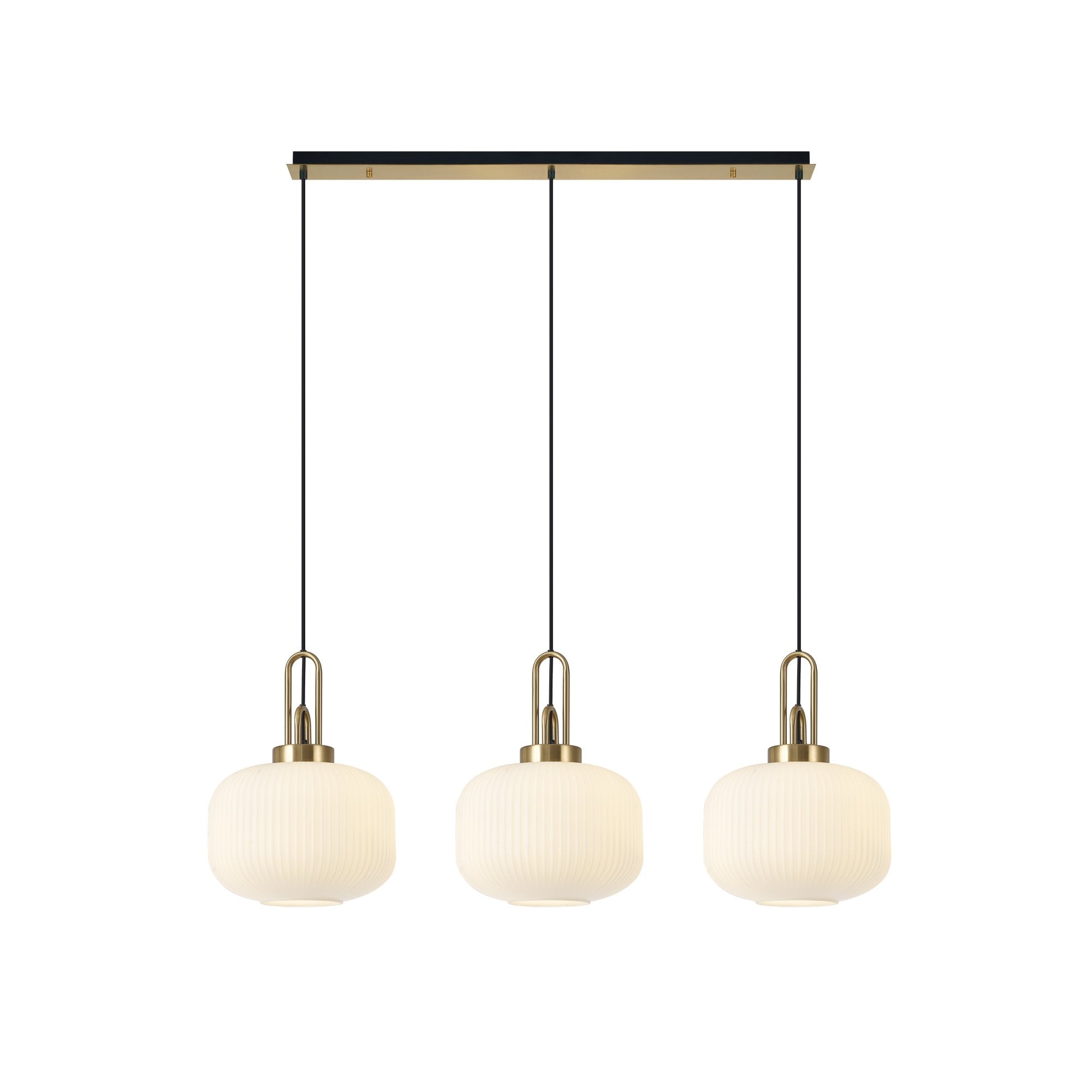 Fabula Springfield 3 Light Linear Pendant - 30cm Pumpkin Shaped Ribbed Glass Shades - Matt Black, Brass Gold & Opal Glass