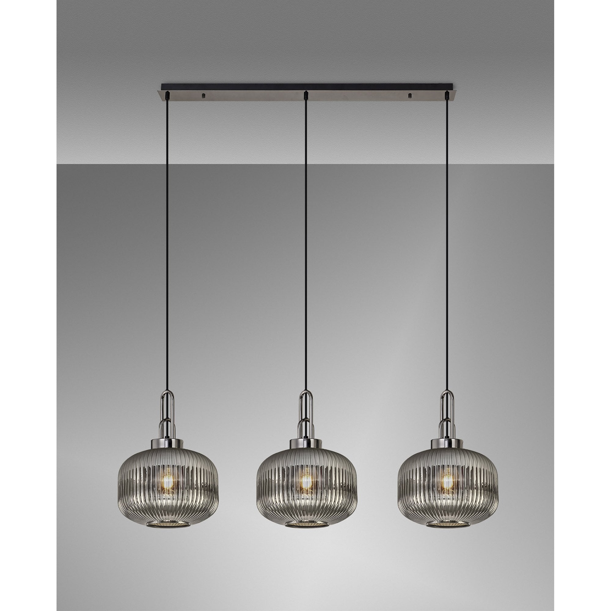Fabula Springfield 3 Light Linear Pendant - 30cm Pumpkin Shaped Ribbed Glass Shades - Black Chrome & Smoked Glass