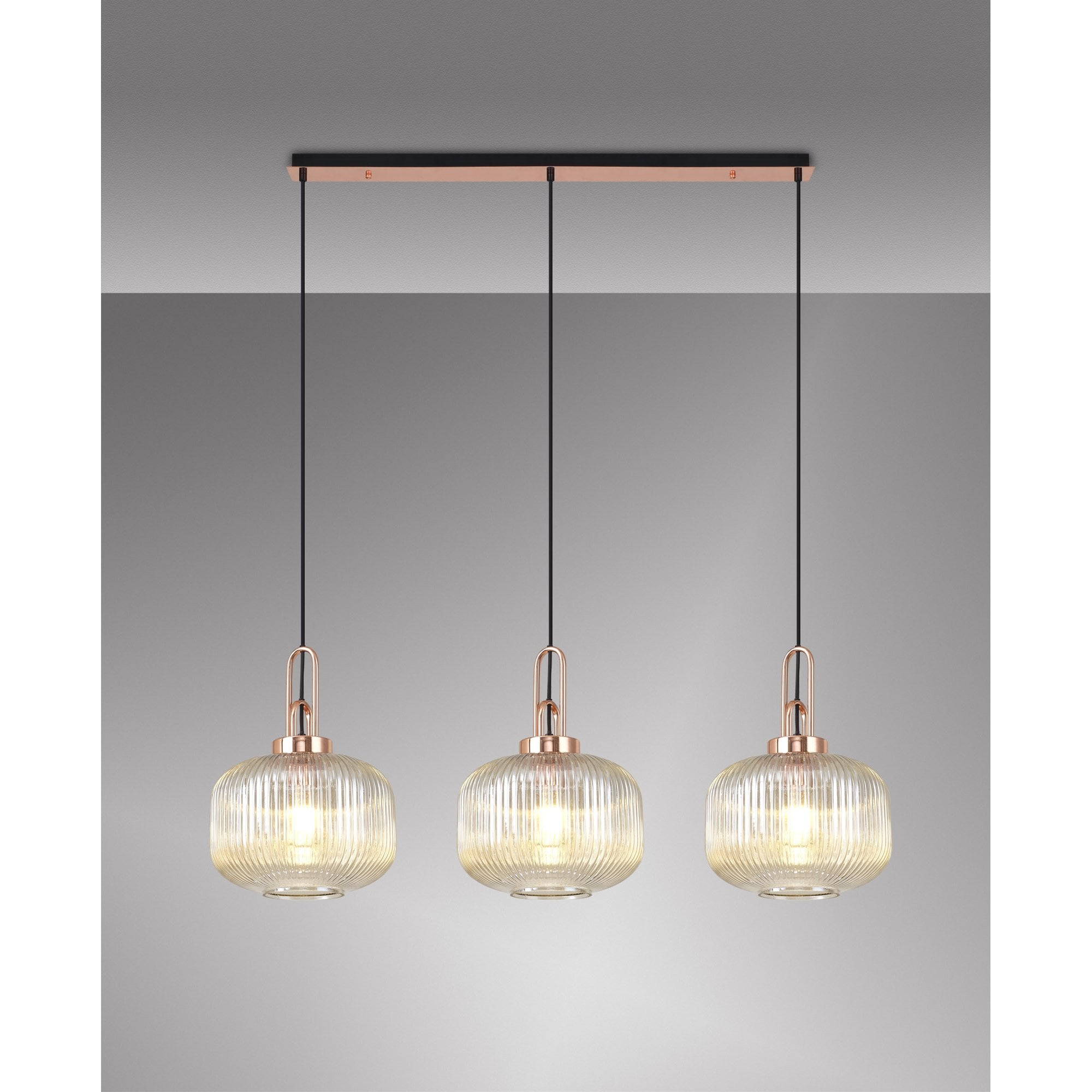 Fabula Springfield 3 Light Linear Pendant - 30cm Pumpkin Shaped Ribbed Glass Shades - Copper & Champagne Glass
