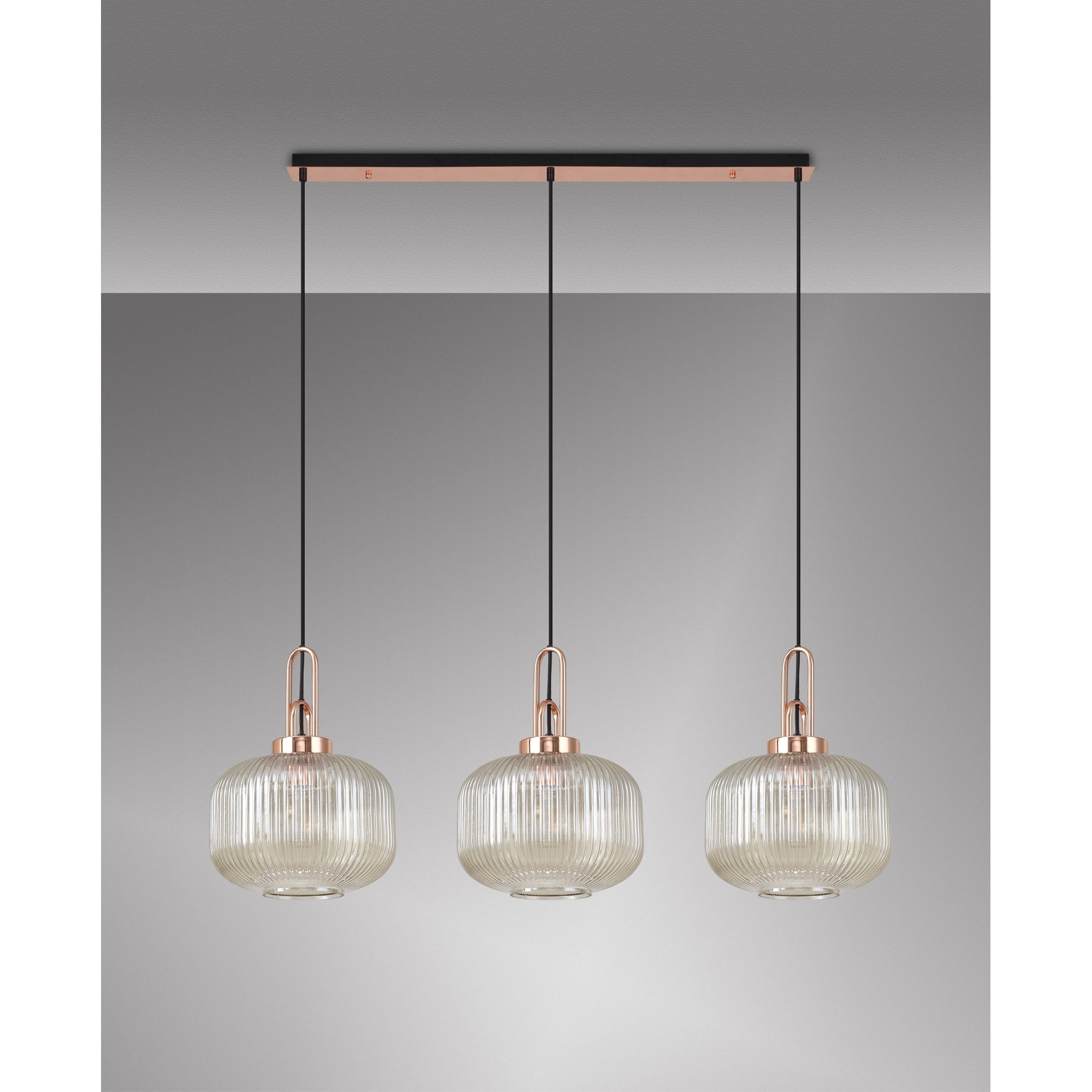 Fabula Springfield 3 Light Linear Pendant - 30cm Pumpkin Shaped Ribbed Glass Shades - Copper & Champagne Glass