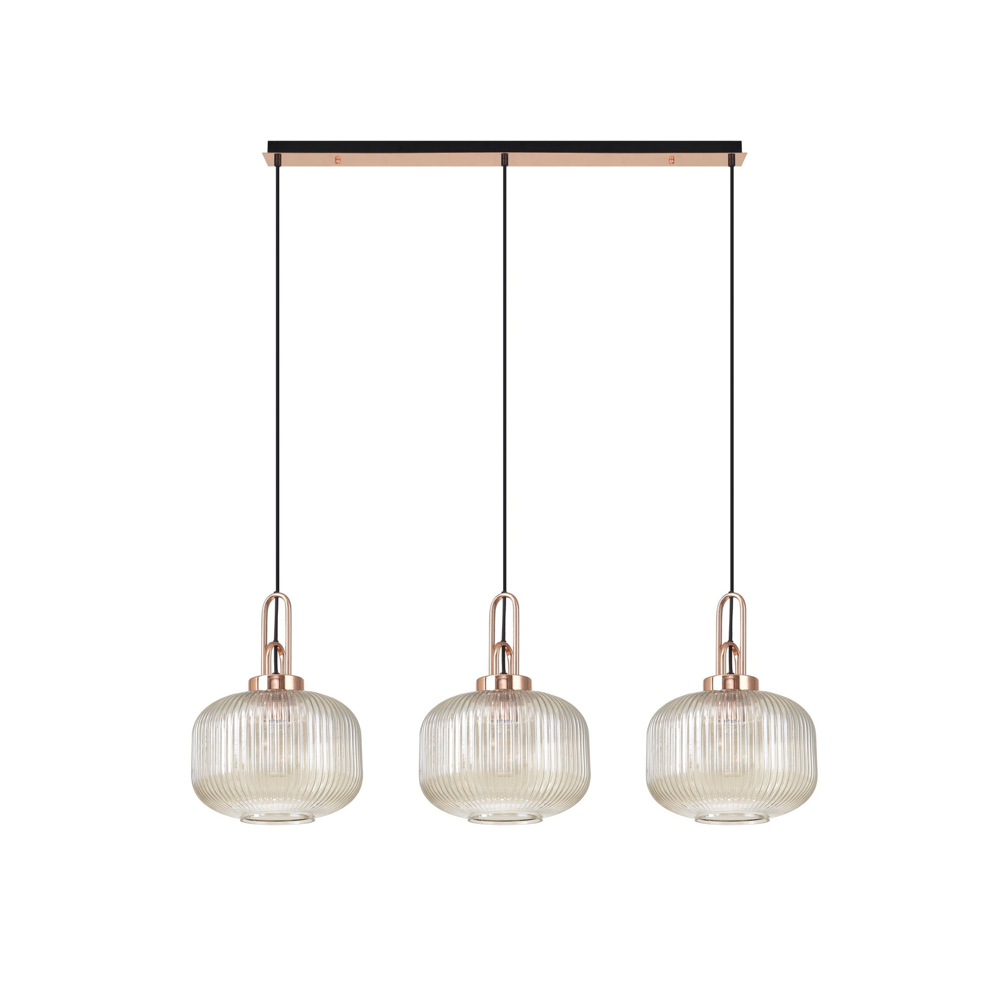 Fabula Springfield 3 Light Linear Pendant - 30cm Pumpkin Shaped Ribbed Glass Shades - Copper & Champagne Glass