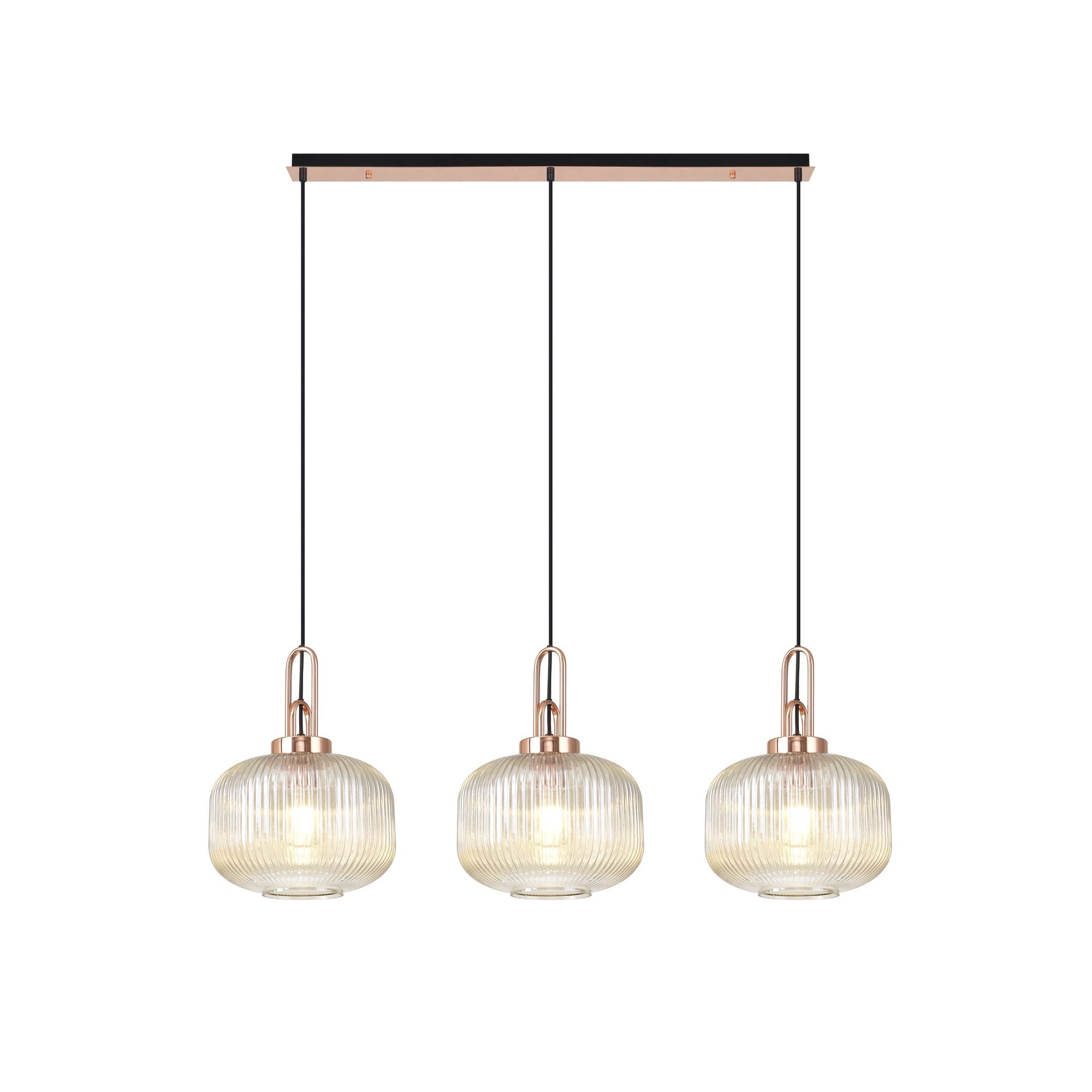 Fabula Springfield 3 Light Linear Pendant - 30cm Pumpkin Shaped Ribbed Glass Shades - Copper & Champagne Glass